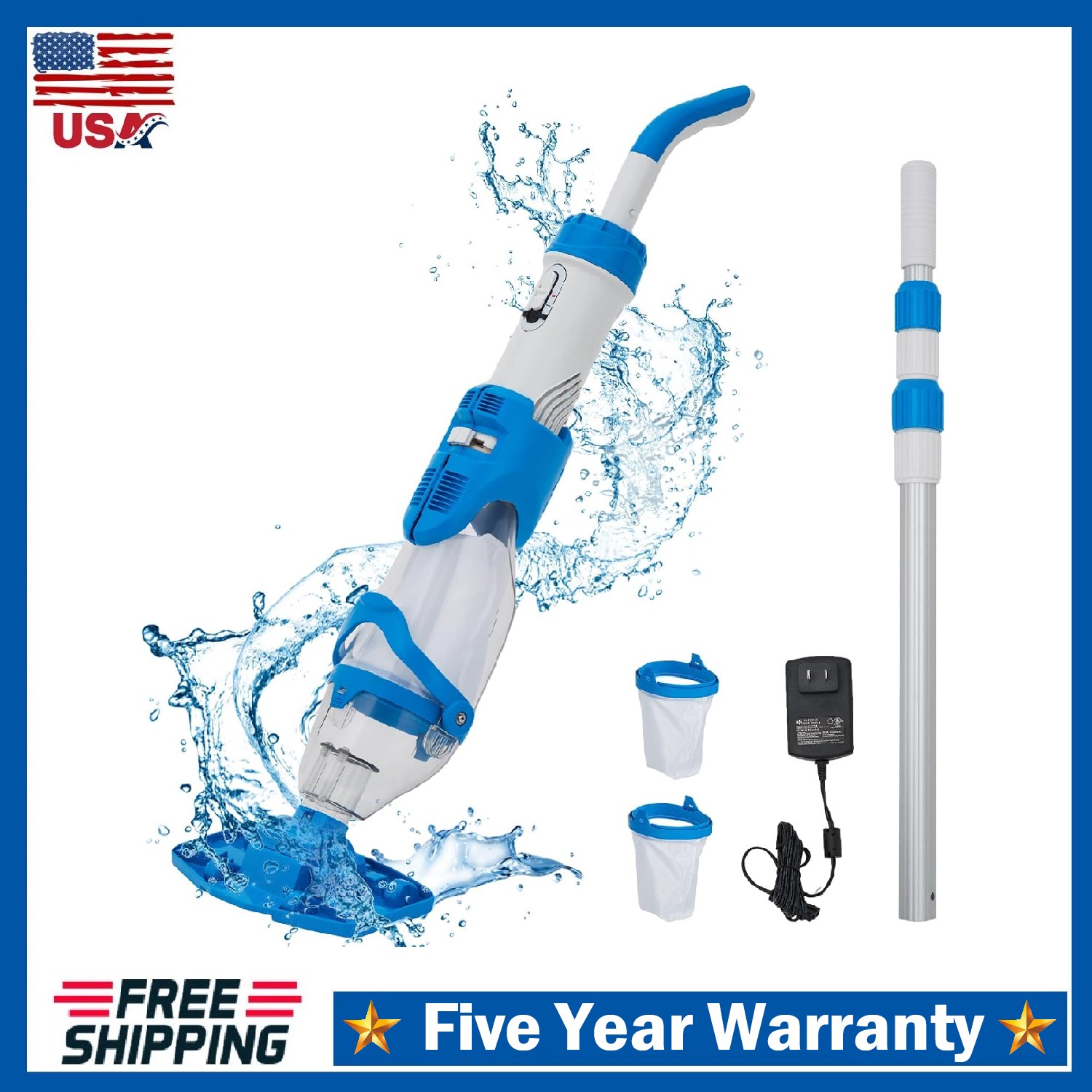 Cordless Rechargeable Pool Vacuum Handheld Cleaner ,with Telescopic Pole 60 Mins