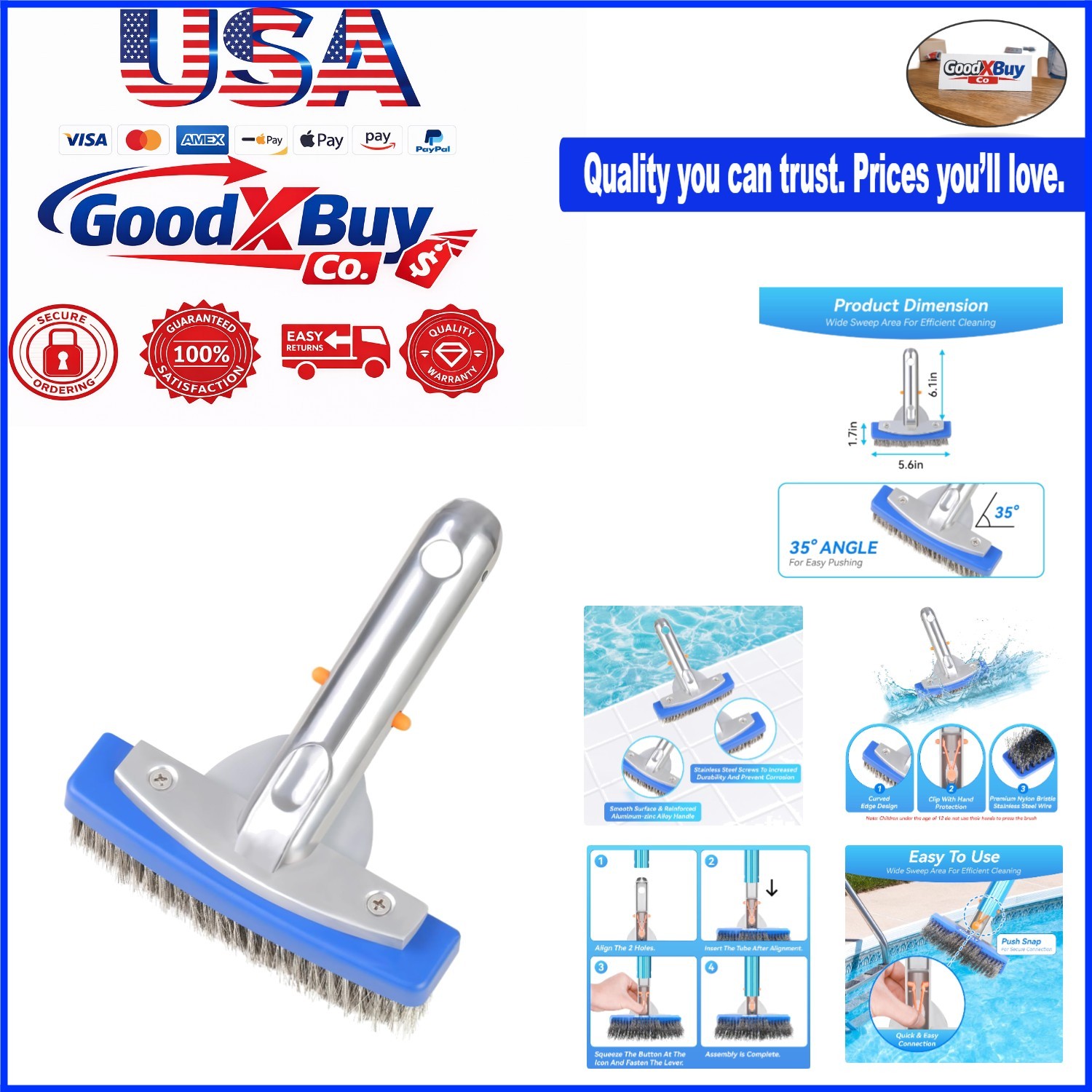 Heavy Duty 5-Inch Stainless Steel Pool Brush for Concrete & Gunite Pools – De…