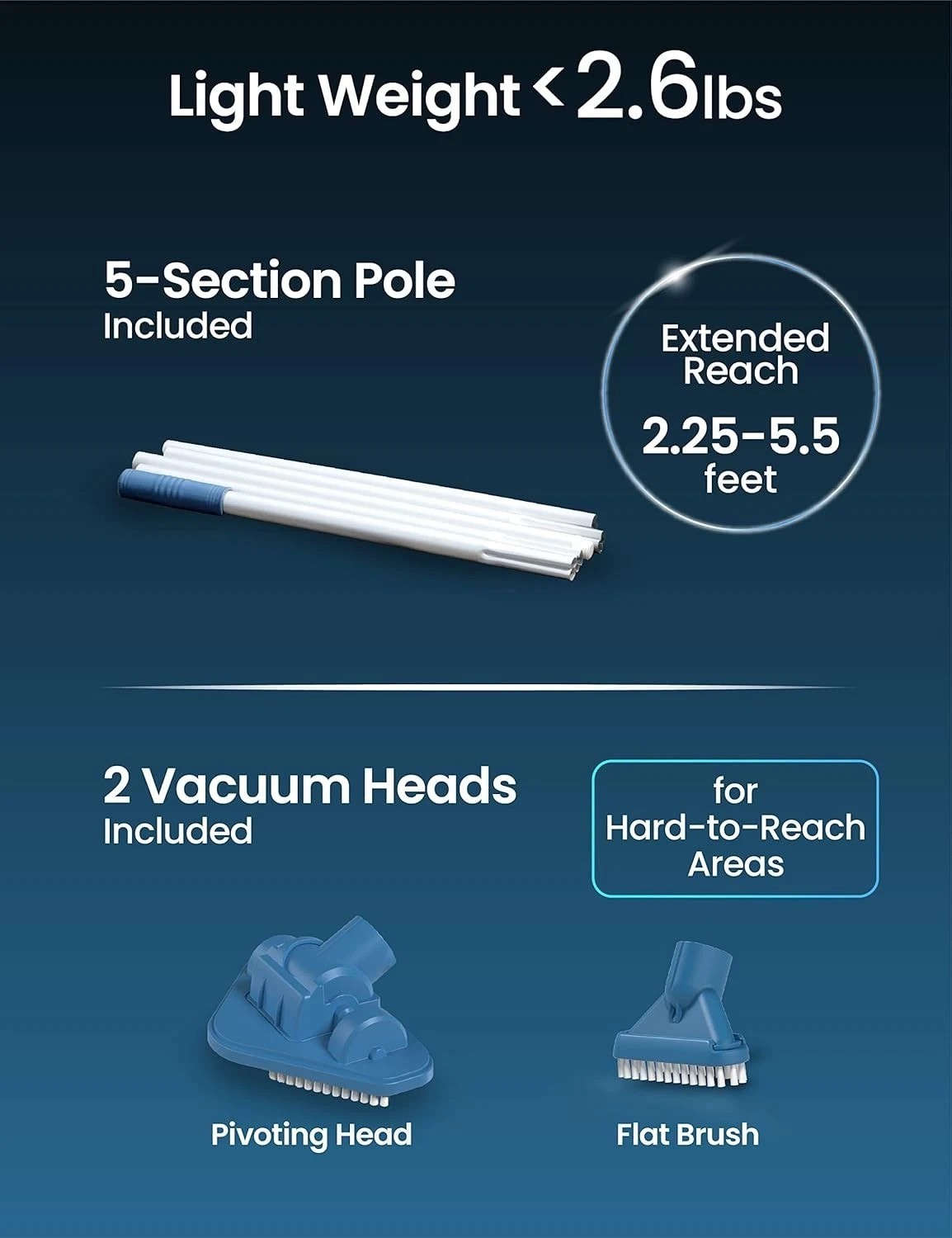 Above Ground Cordless Pool Vacuum with 60-Minute Runtime & Interchangeable Heads
