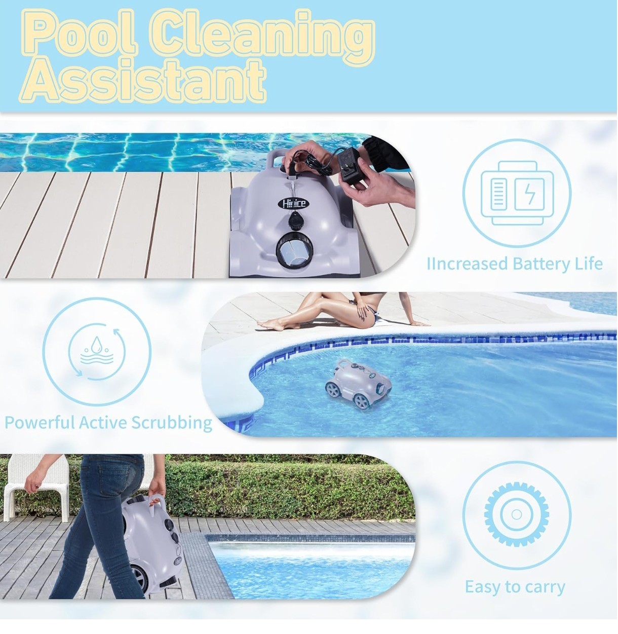 Hinice Cordless Robotic Pool Cleaner, Automatic Vacuum Robot up to 2153 sqf Grey