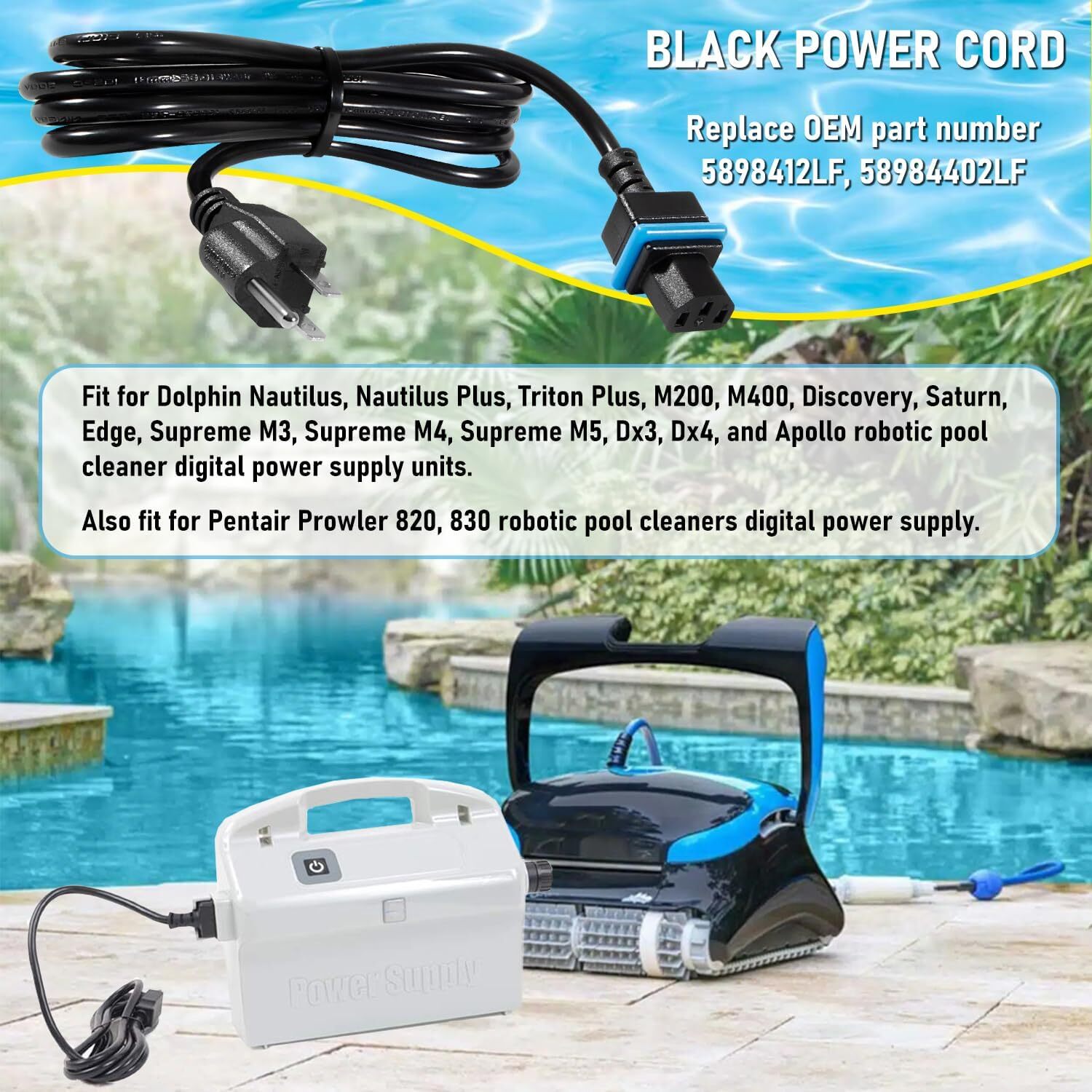 58984402L Black Power Cord Part For Maytronics Dolphin Pool Cleaner Power Supply