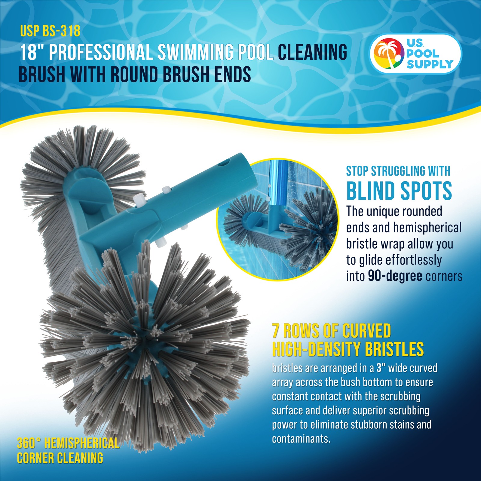 U.S. Pool Supply 18″ Pool Brush Head 7 Row Bristles Inground Above Ground