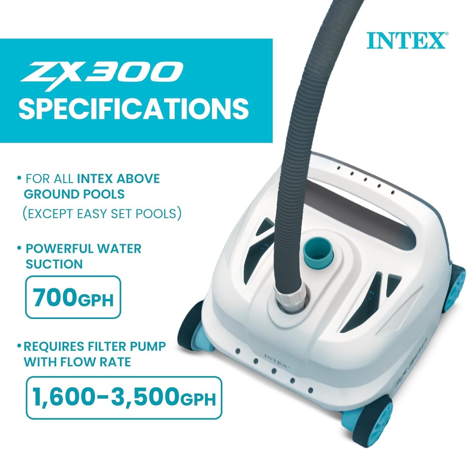 Intex 700 Gal Per Hour Above Ground Pool Cleaner Robot Vacuum w/ 21 Ft Hose