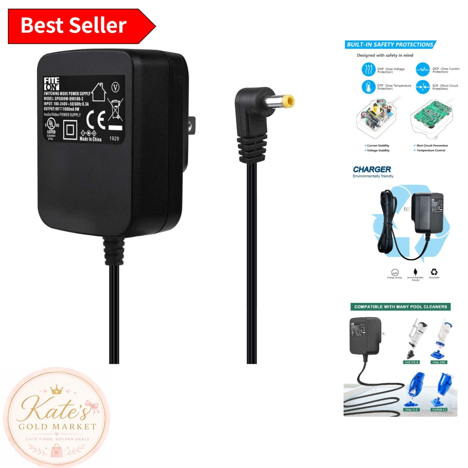 Listed AC/DC Adapter for Catfish Pool Cleaners – 9V Power Supply Safety