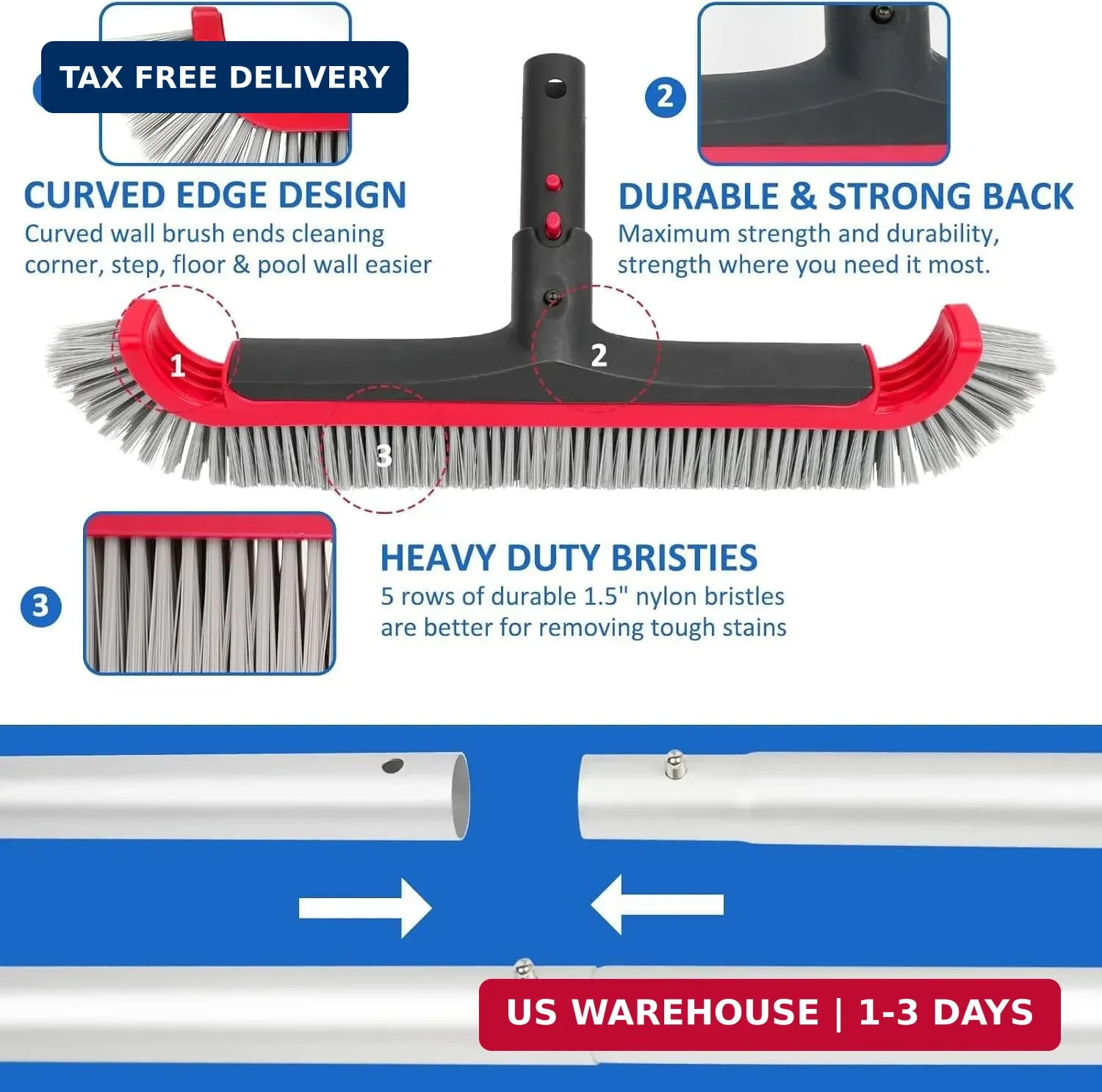Swimming Pool Brush with Pole – 17.5″ Wall Brush with 10FT Adjustable Aluminum P
