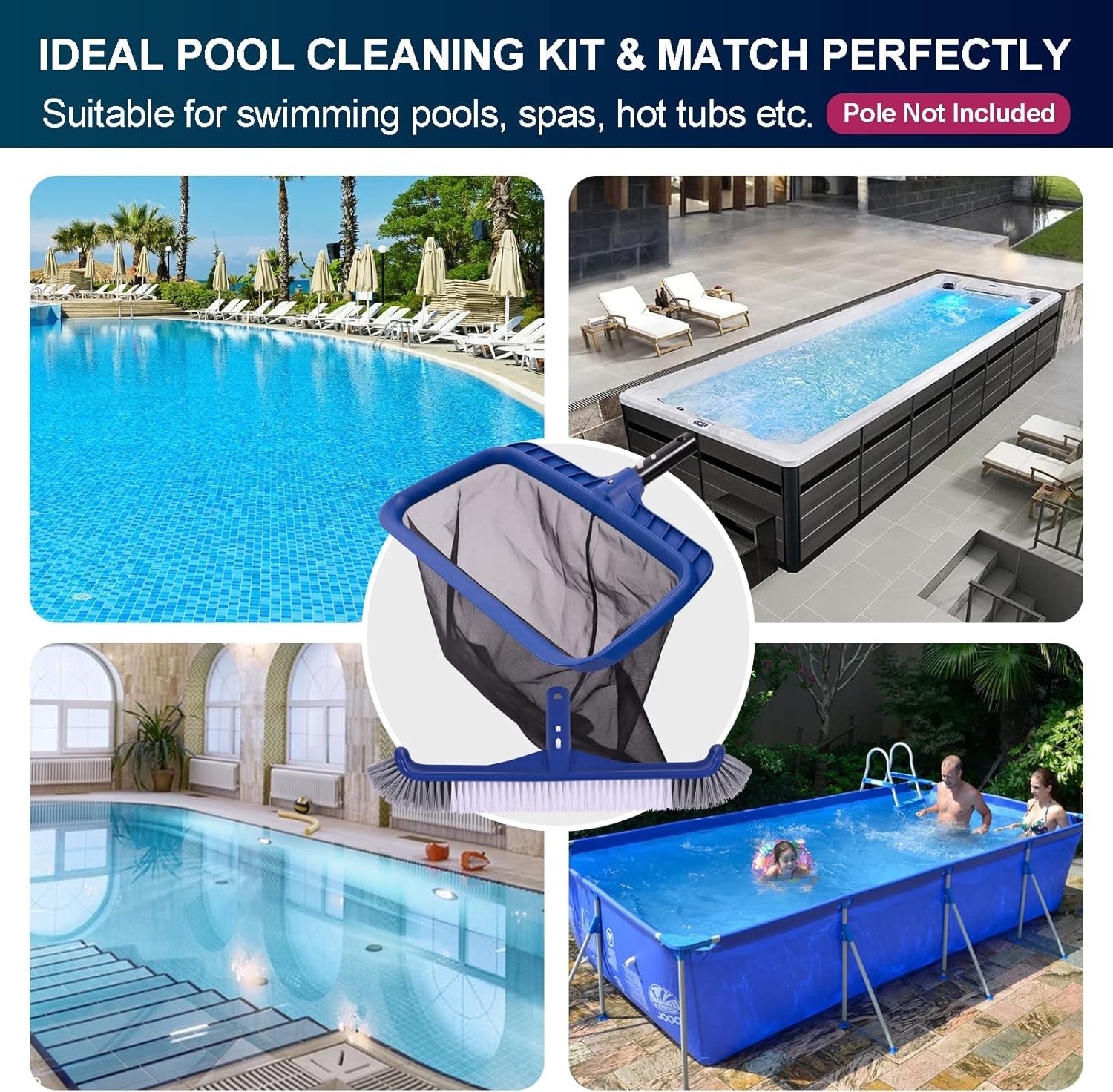 Pool Skimmer Net and Brush Kit Fine Mesh Leaf Net 17.5 In Pool Cleaning Head