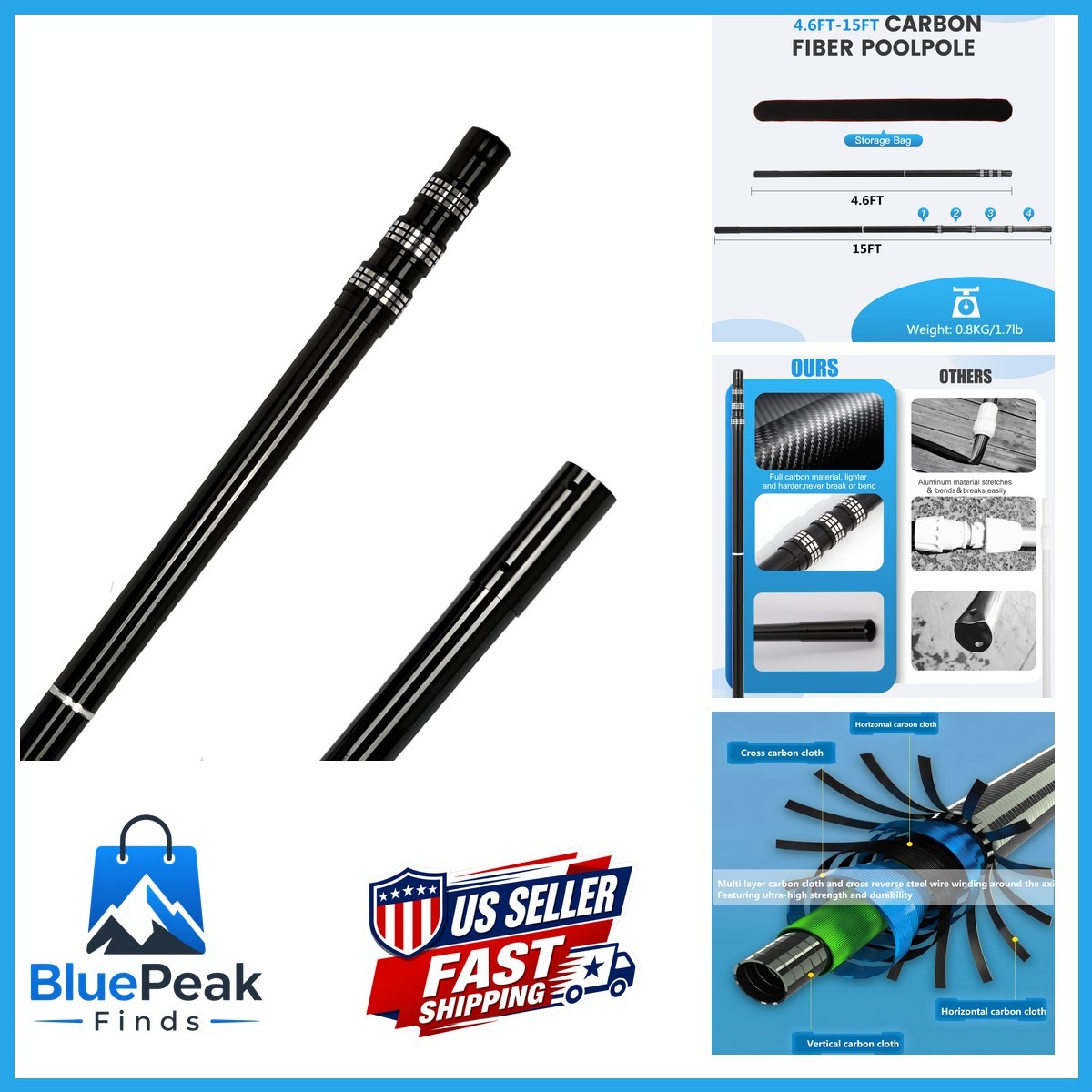 JSPJSP Carbon Fiber Pool Rod – Professional 4.5-15 Foot Telescopic 4-piece Pool