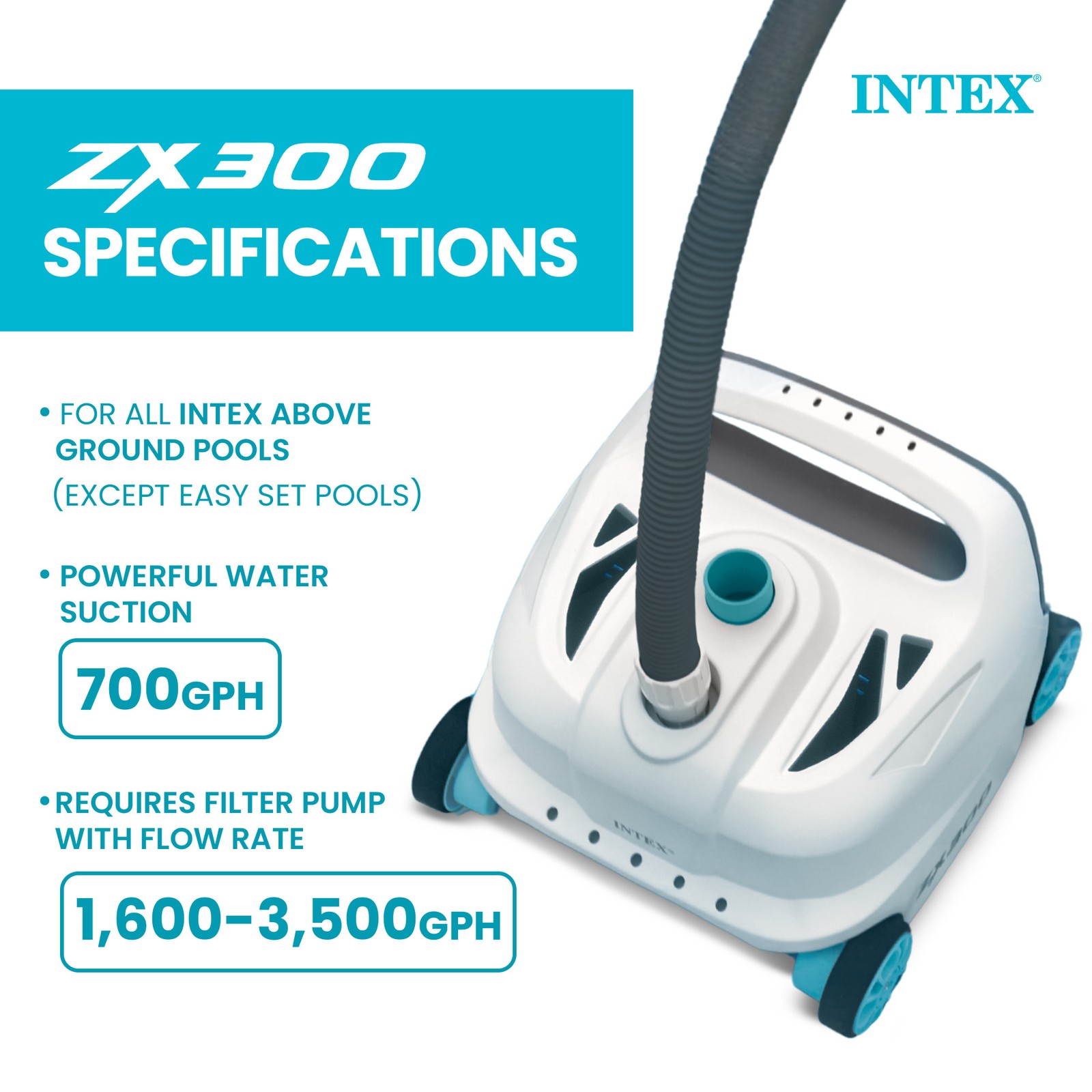 Intex 700 Gal Per Hour Above Ground Pool Cleaner Robot Vacuum w/ 21 Ft Hose