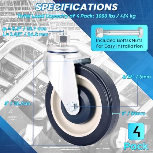 Shopping Cart Wheels Replacement Kit | 5 Inch 4 Pack, 2 Stemless & 2 Stem Blue
