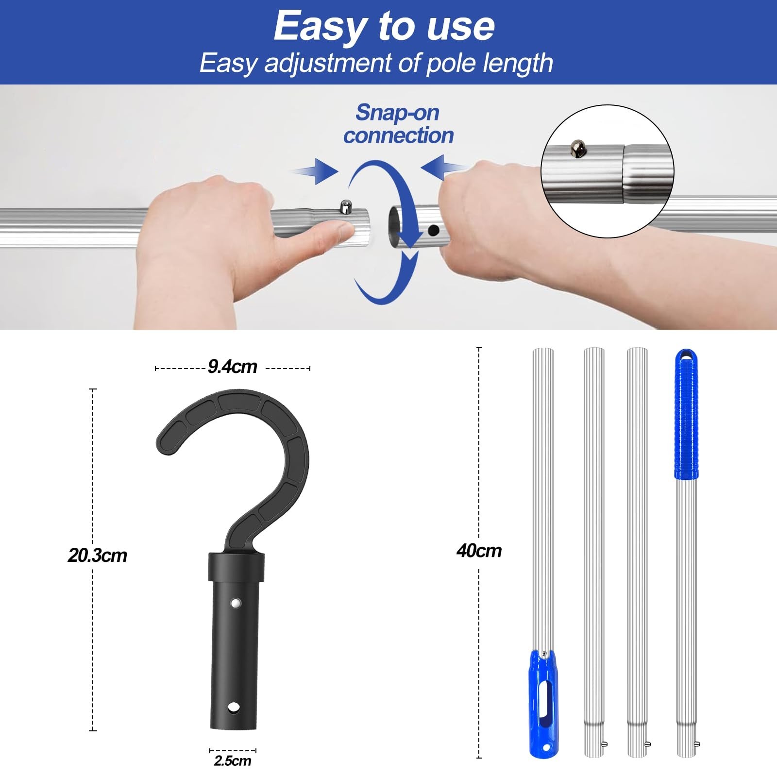 Adjustable Pool Cleaning Pole with 2 Hooks – 5.2ft for Robotic Cleaners, Skimmer