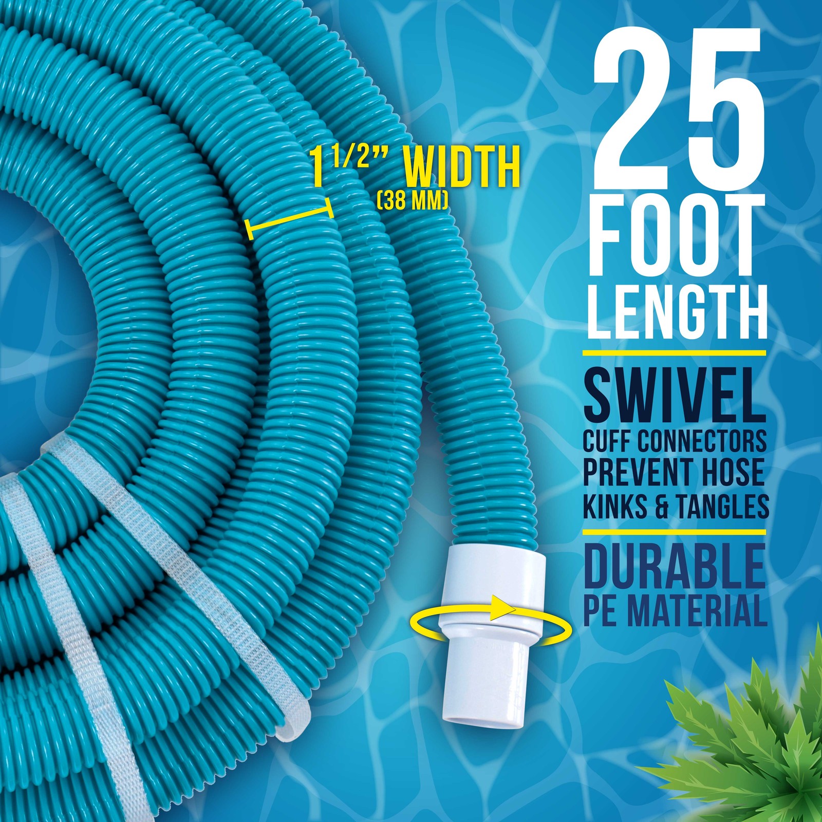 1-1/2″ x 25 Ft Above Ground Swimming Pool Vacuum Hose, Swivel Cuff, Cut to Fit
