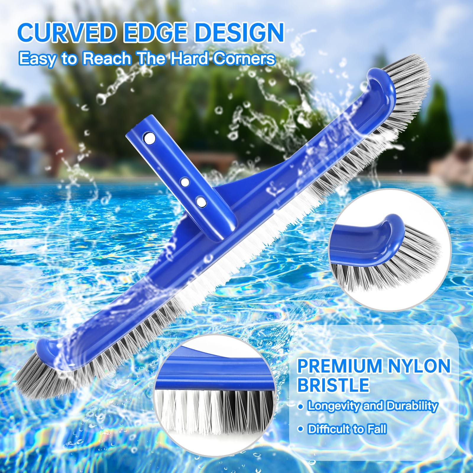 Pool Brush Head 17″ Pool Brushes Cleaning Walls Curved Ends Nylon EZ Clip