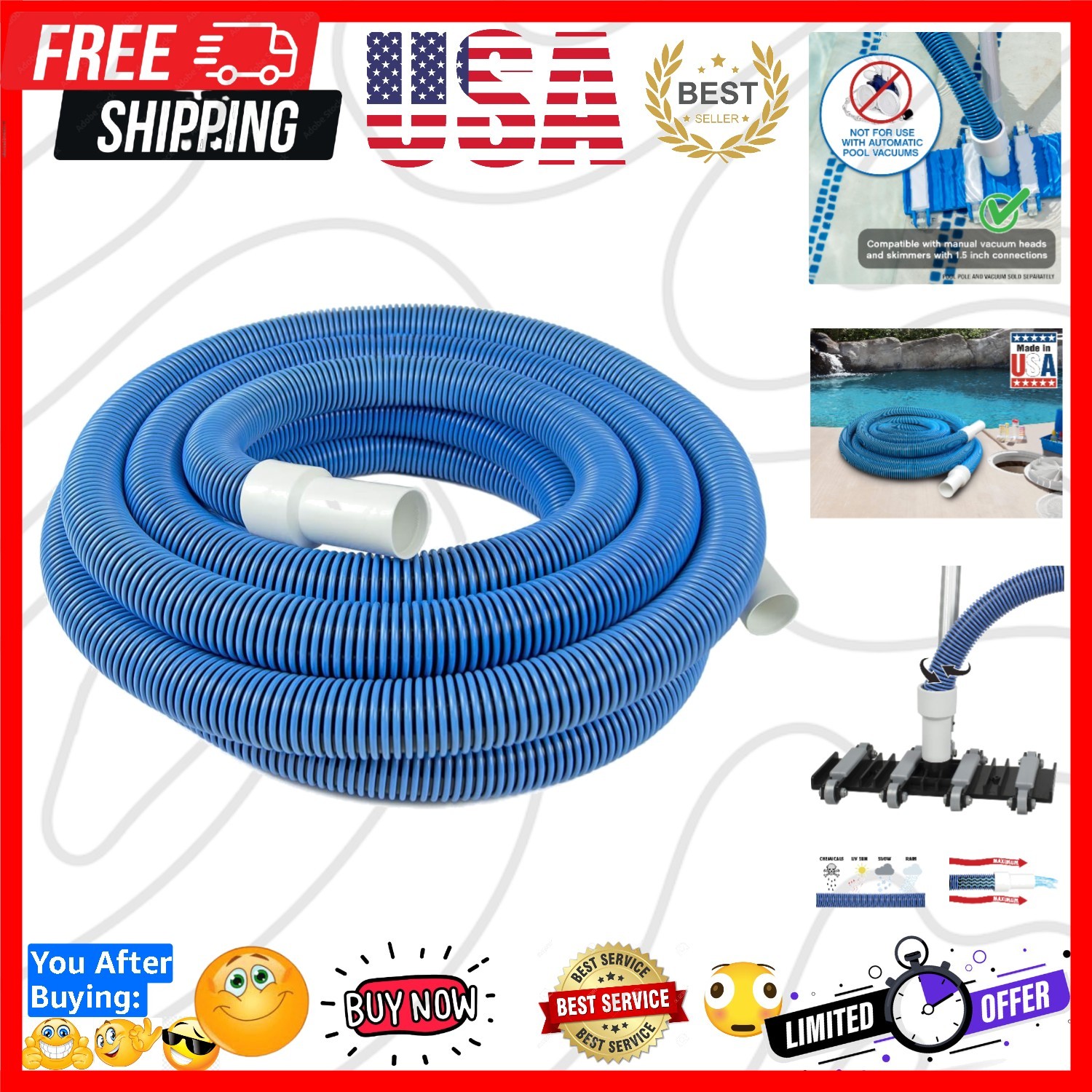 Manual Pool Vacuum Hose, 30 Ft x 1-1/2” for Inground & Above Ground Pools, No…