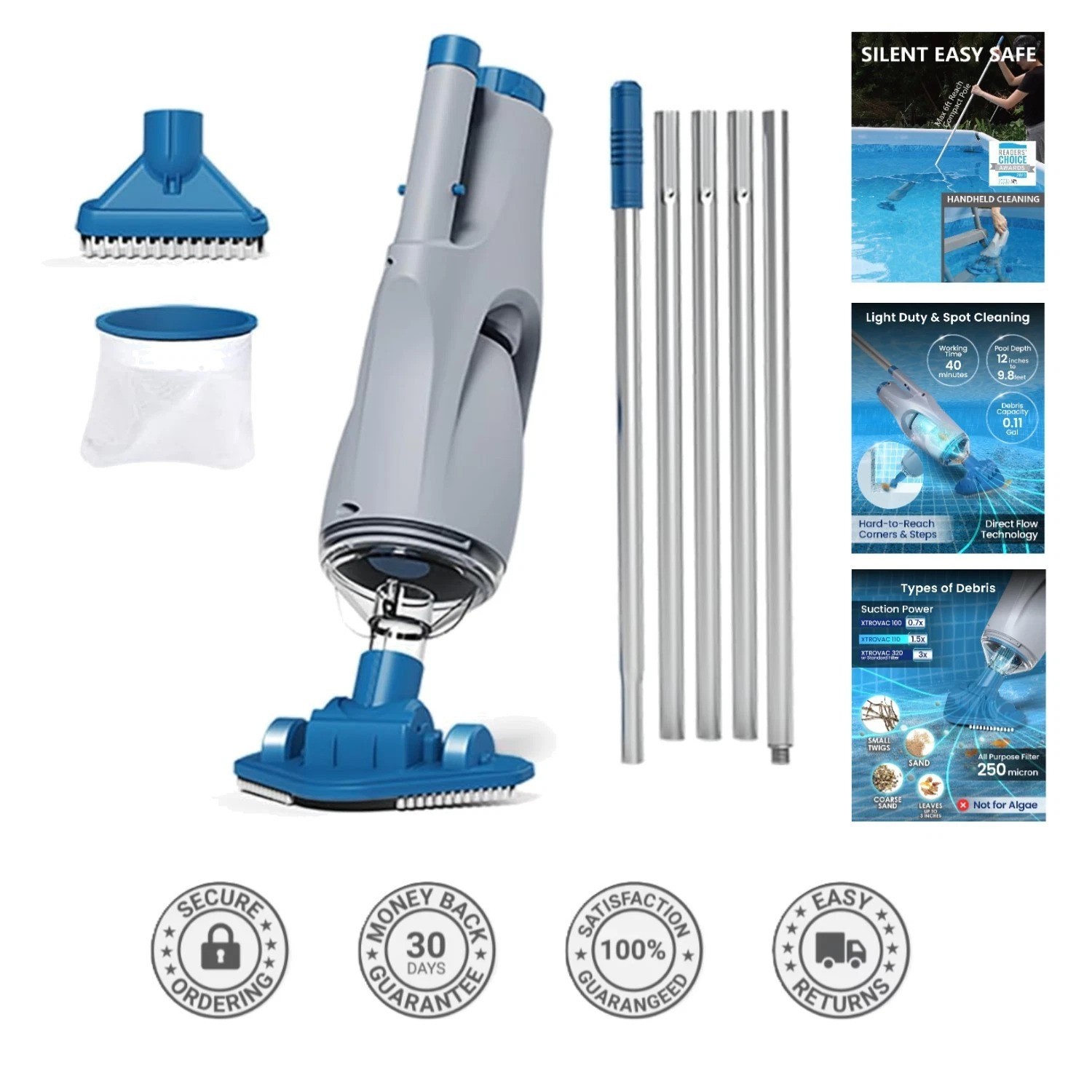 Rechargeable Cordless Pool Vacuum for Spot Cleaning Up to 20ft; Waterproof