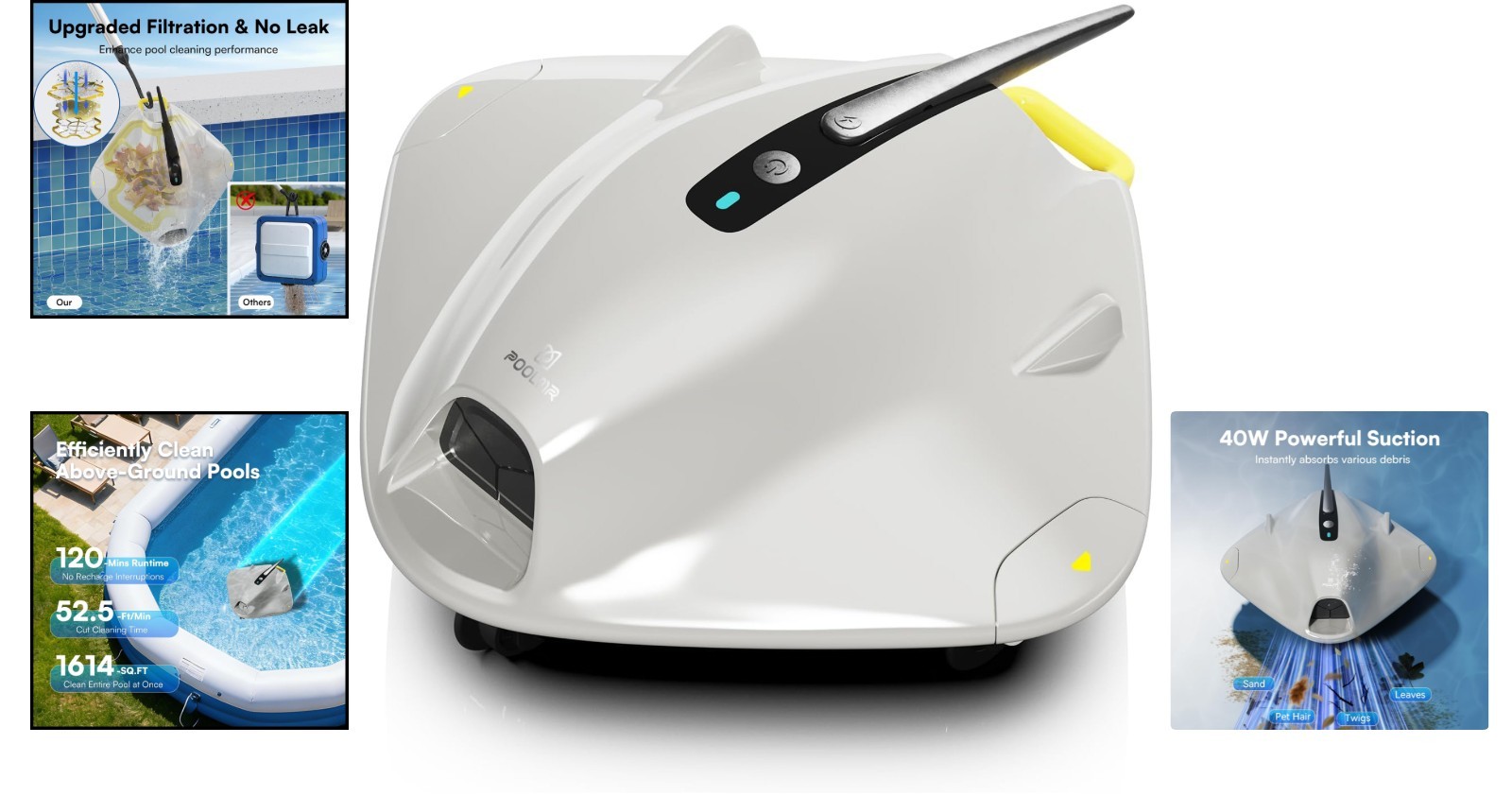 Dual-Layer Filtration Robotic Pool Vacuum with 40W Suction and Auto Park Feature