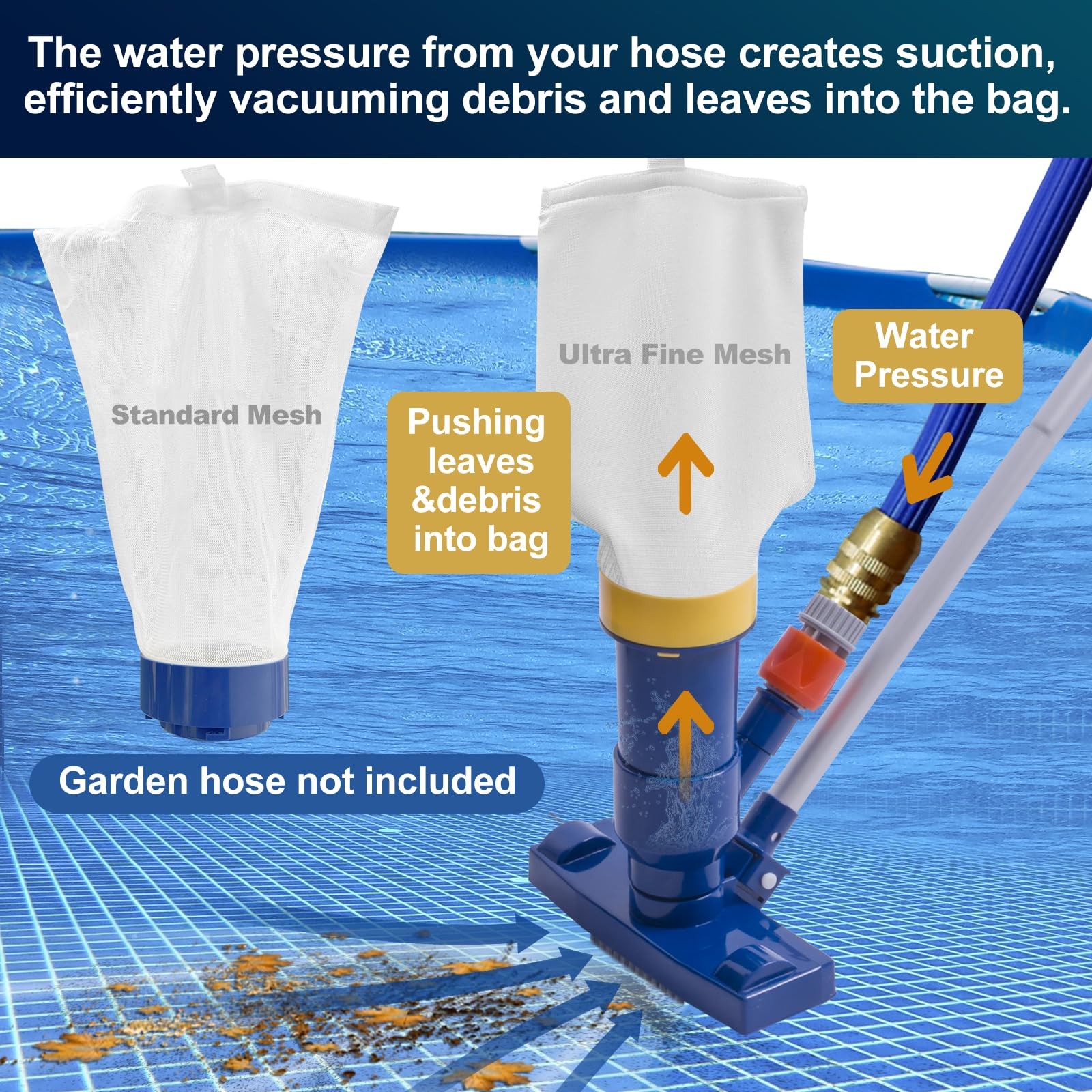 Manual Pool Vacuum for Above Ground Pools with Fine Mesh Bag & 56″ Pole