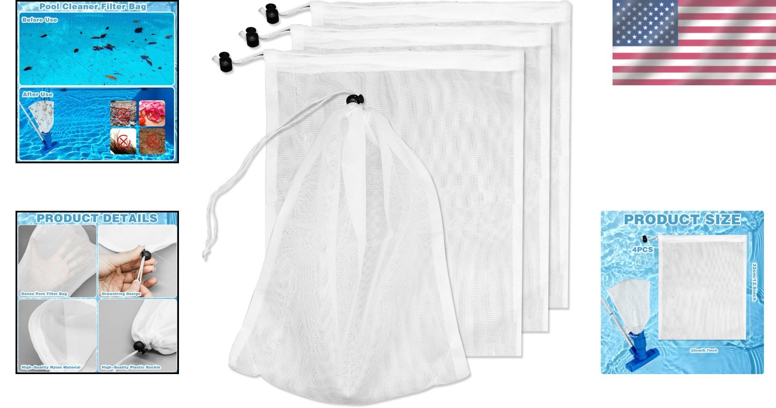 High-Quality Mesh Vacuum Filter Bags for Pools – 4 Pack with Locking Cord