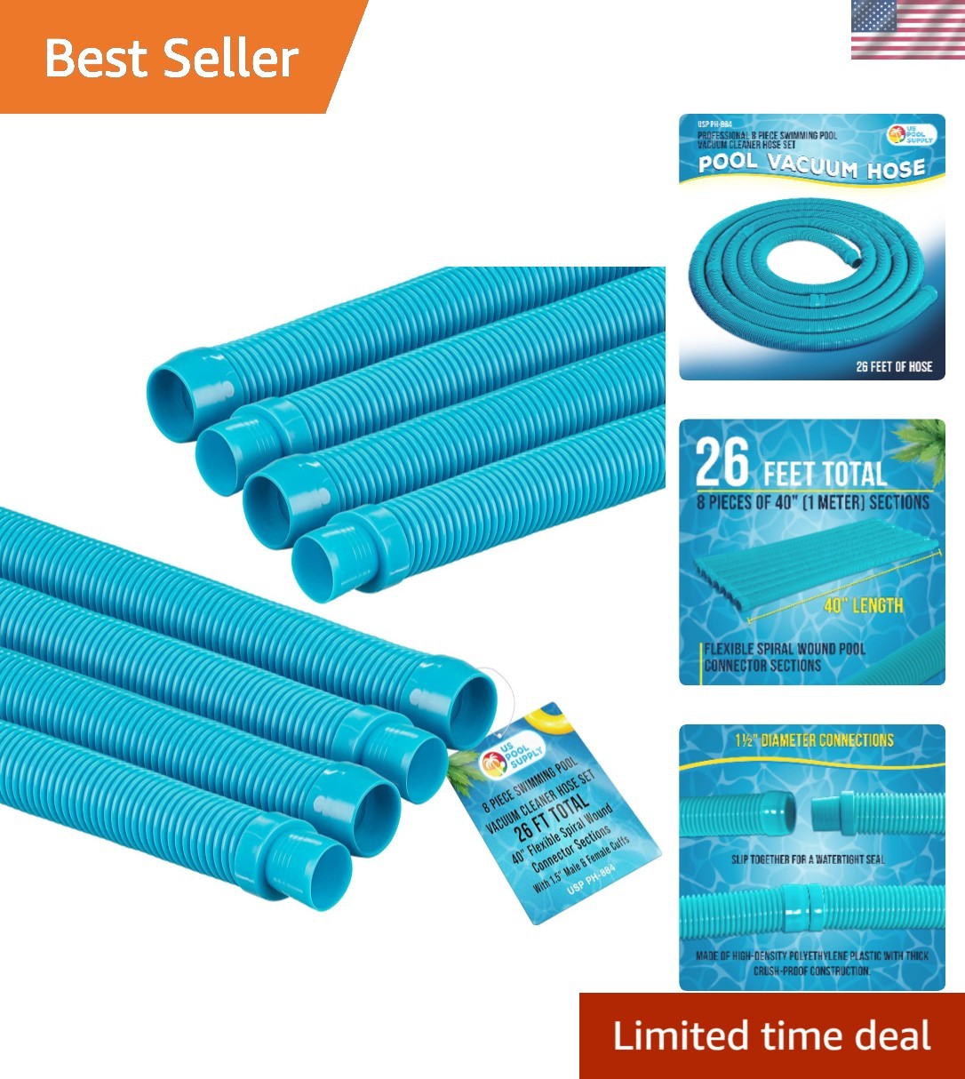 Universal Fit Teal Pool Vacuum Hose Set – 40” Sections for Easy Installation