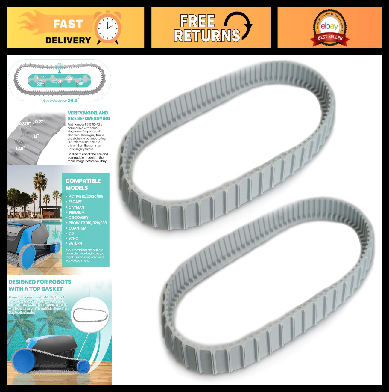 2 Pack Replacement Gray Tracks for Dolphin Robotic Pool Cleaners, Part 9983152-R