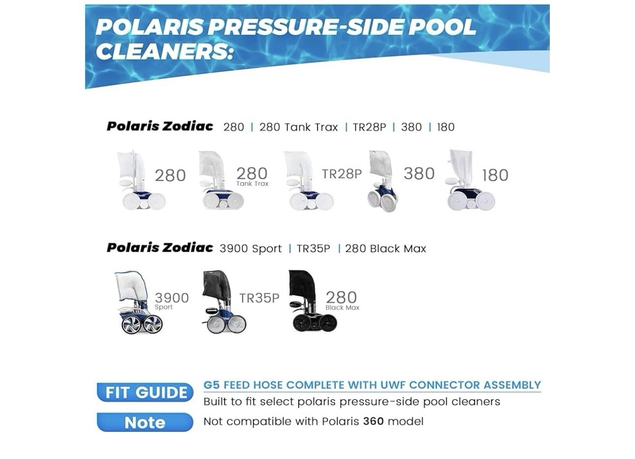 Feed Hose G5 Pool Cleaner Zodiac Polaris 280 380 180 3900 No Compatible 360 Pola