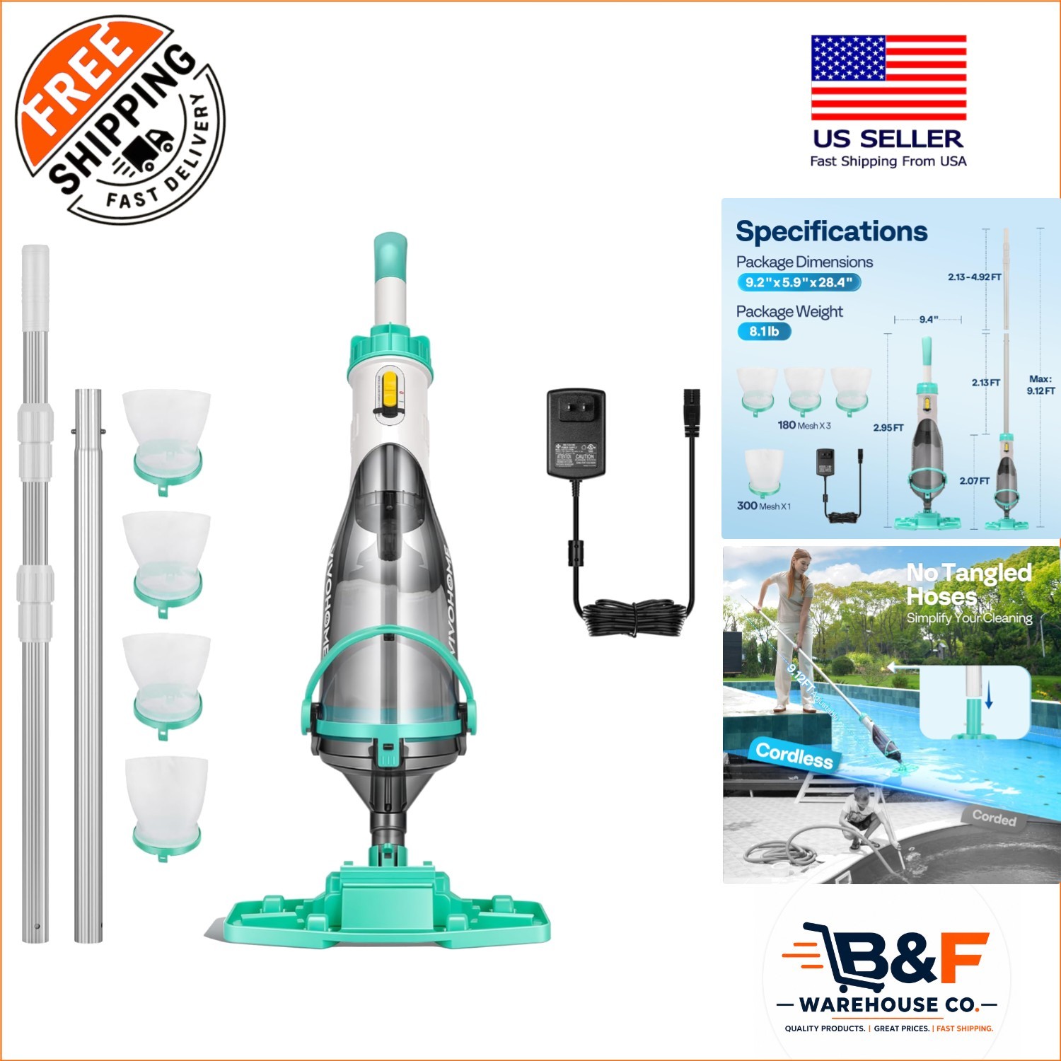 Green Cordless Handheld Pool Cleaner with 60min Battery & High Suction Power