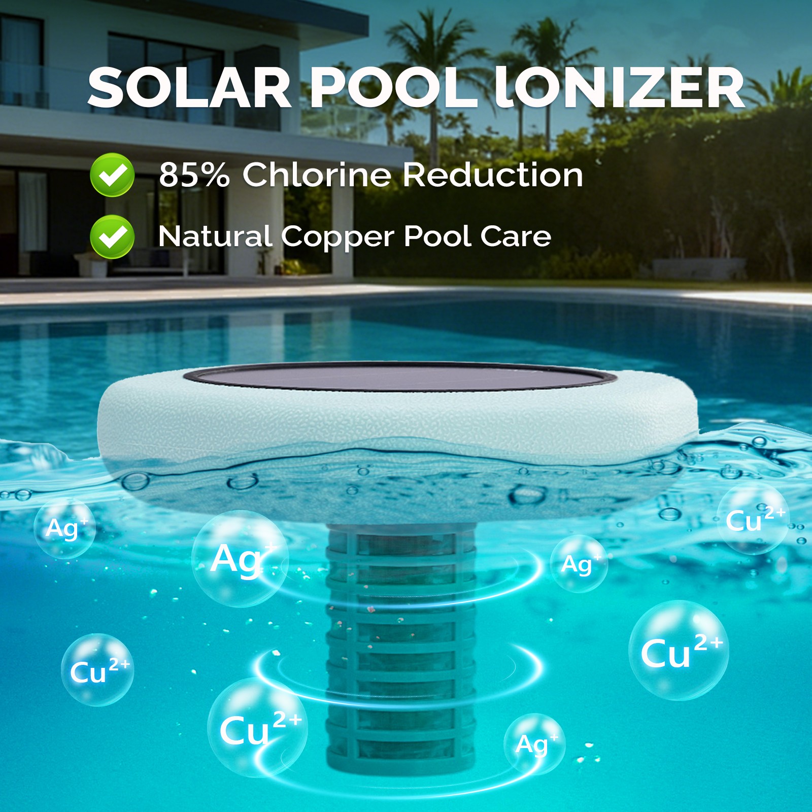 Solar Copper Pool Ionizer, for Water Clarification Above Ground Inground Pools