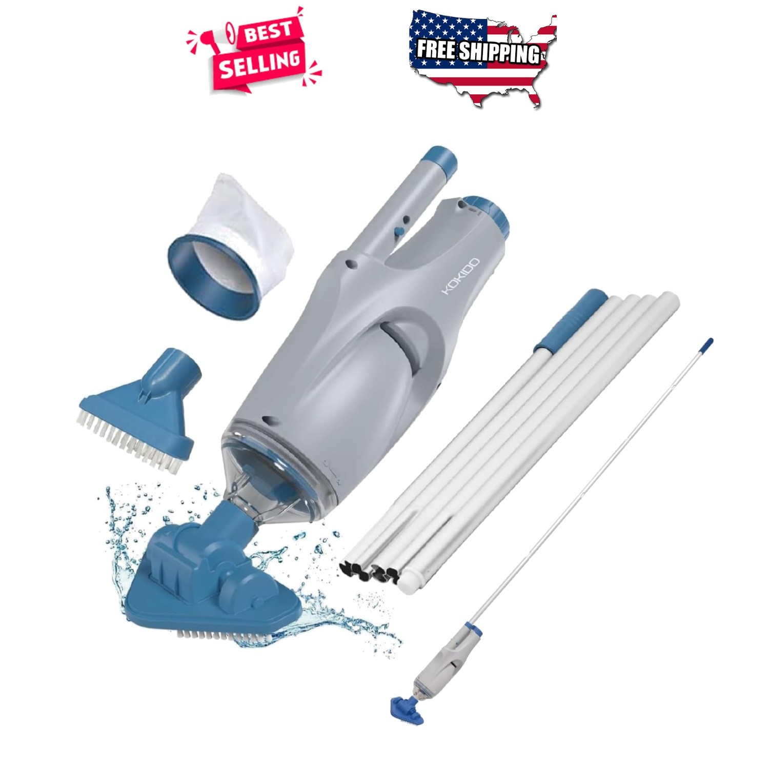 Cordless Pool Vacuum for Above Ground Pools Spot Cleaning 6ft Pole 2 Brush Heads