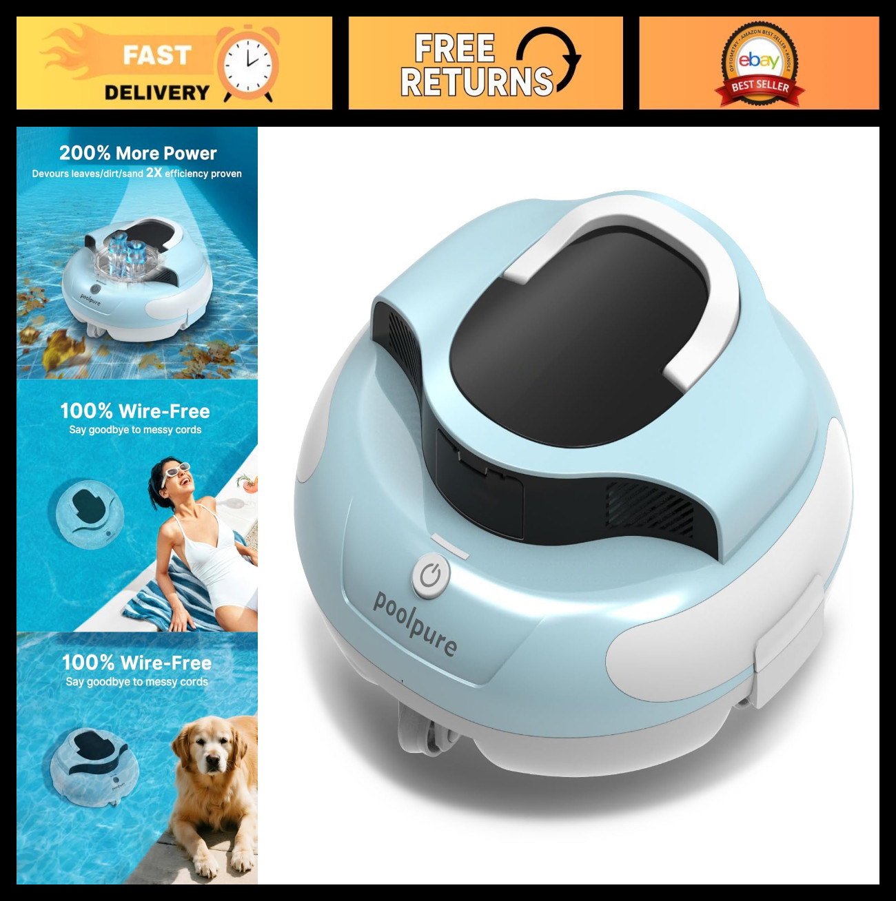 Efficient Pool Cleaner with Dual 30W Motors, 100-Min Runtime, Auto-Parking & Obs