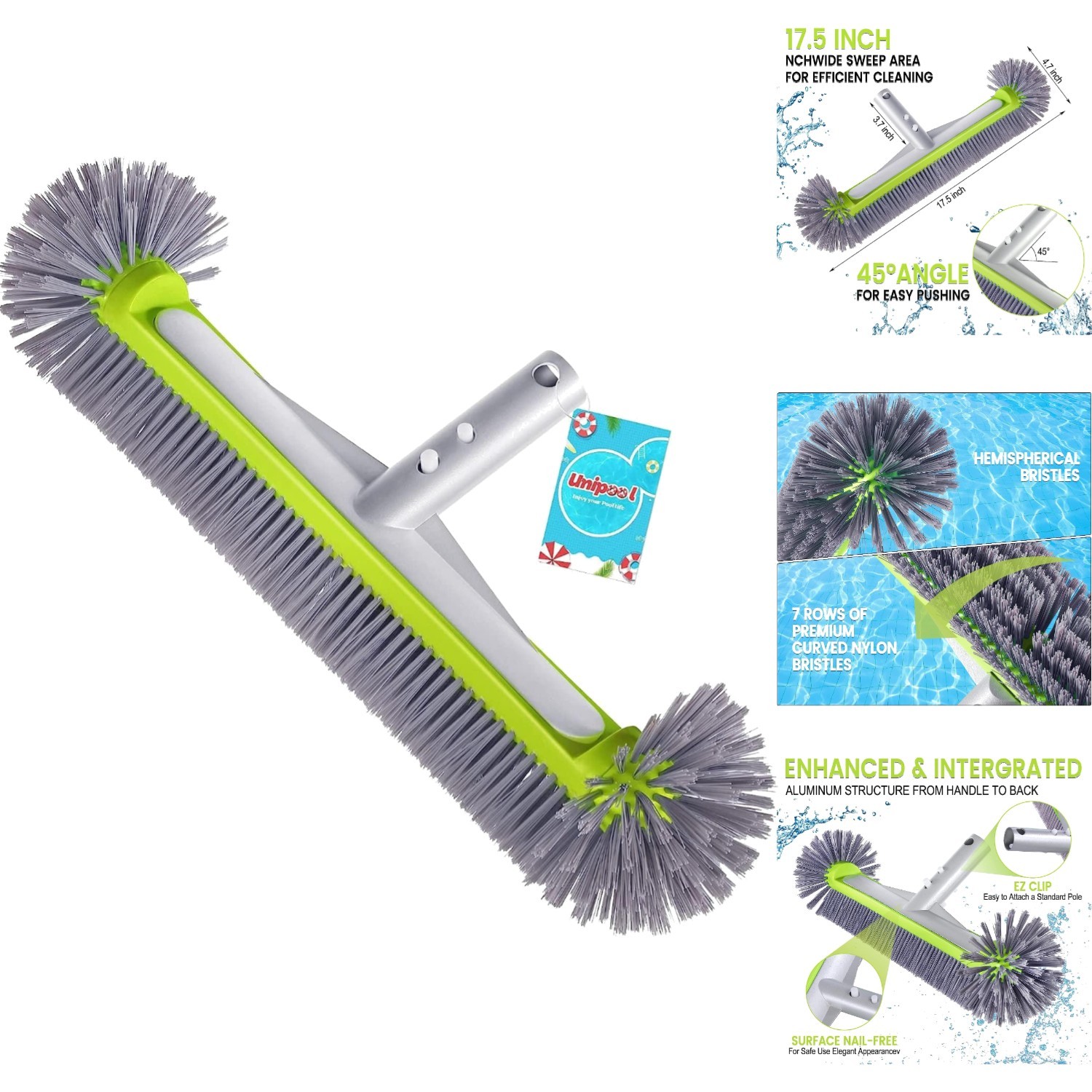 17.5″ Pool Brush Head Heavy Duty Aluminum 7-Row Nylon Bristles Round End EZ Clip