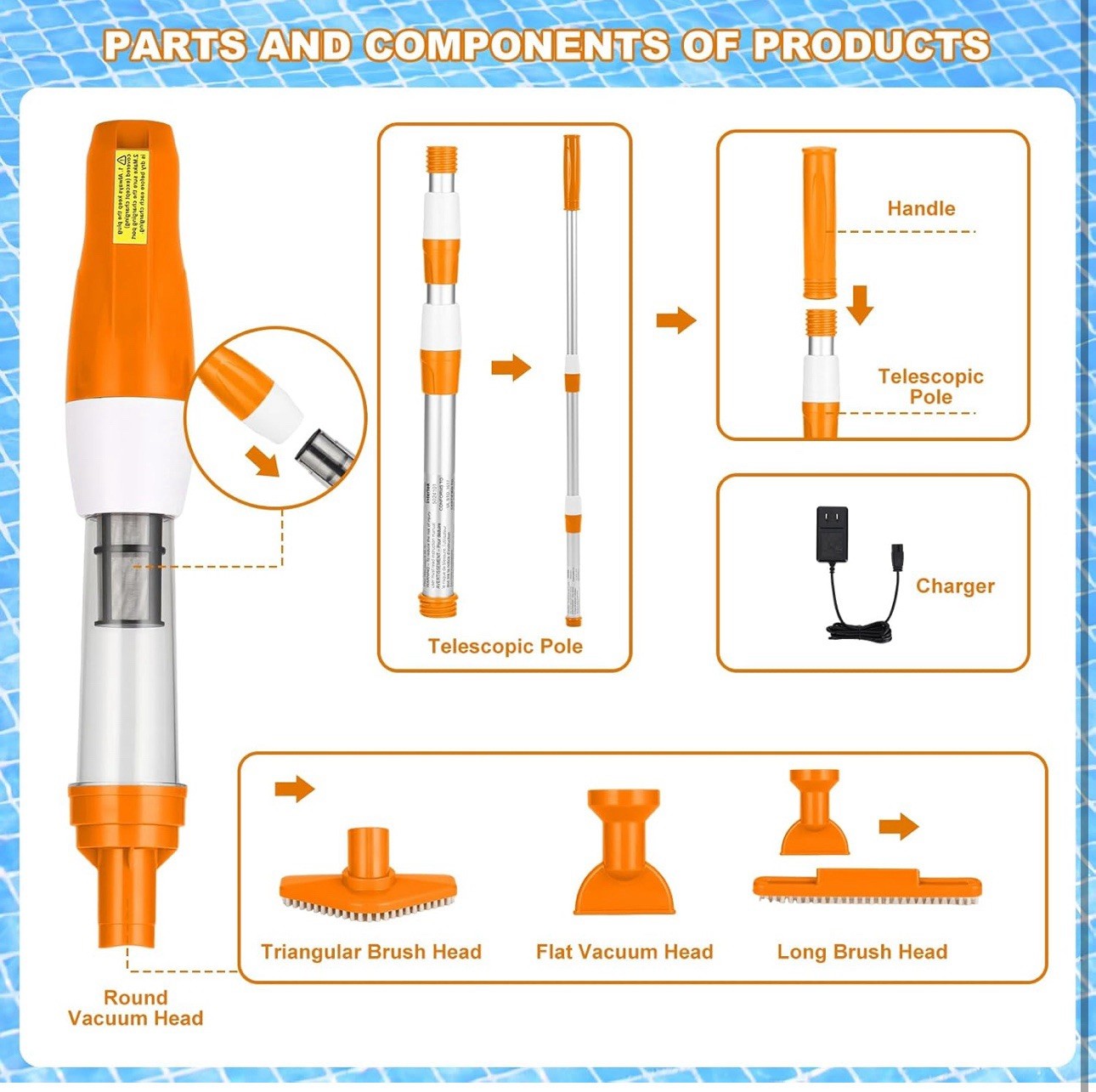 3 in 1 Cordless Rechargeable Pool Vacuum, Handheld Pool Cleaner Ideal for Spas,
