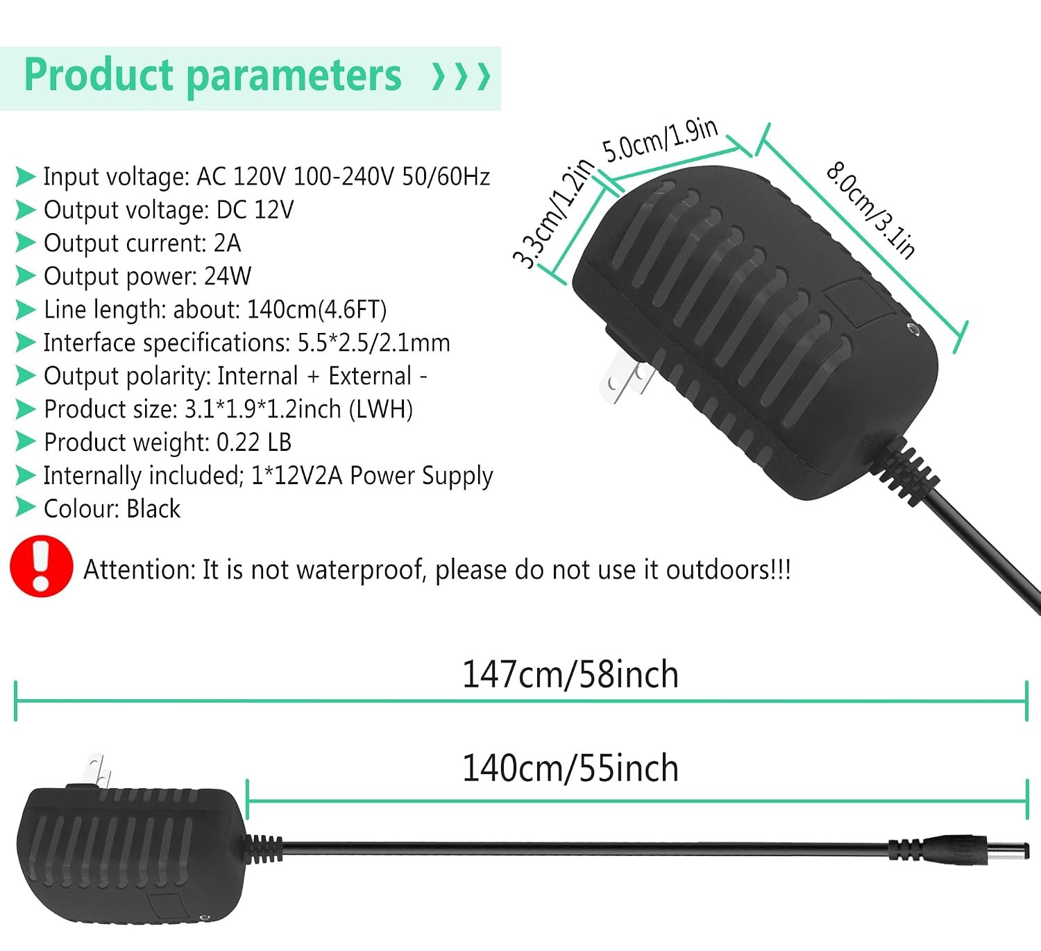 12V 2A DC Power Supply Adapter 24W AC Adapter 100-240V to 12V DC Converter | 12V