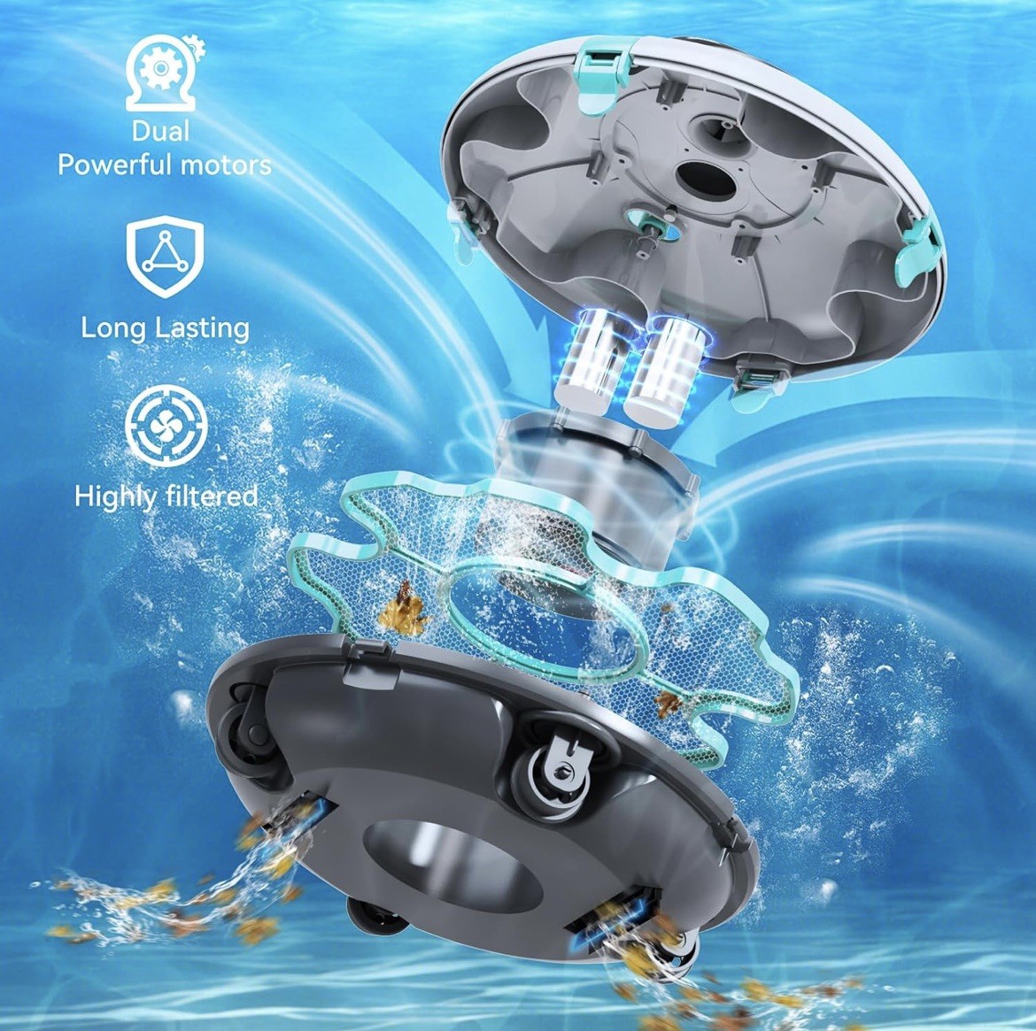 Cordless Robotic Pool Cleaner, Vacuum 70 Mins Runtime/15KPa Suction/Self-Parking
