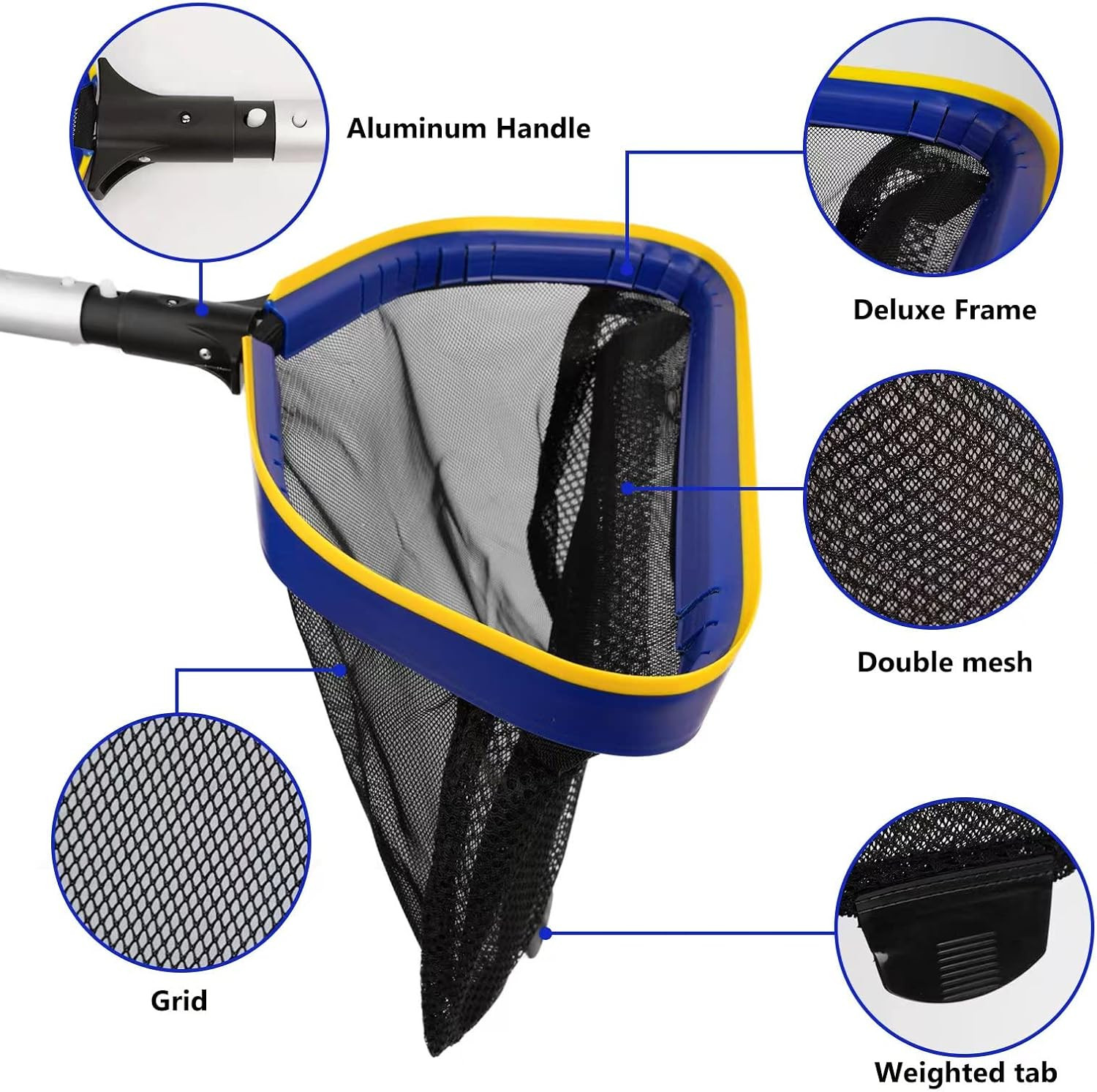 Pool Deep Skimmer Net with 3Ft – 10Ft 1.0Mm Thick Adjustable Aluminum Pole & Fin