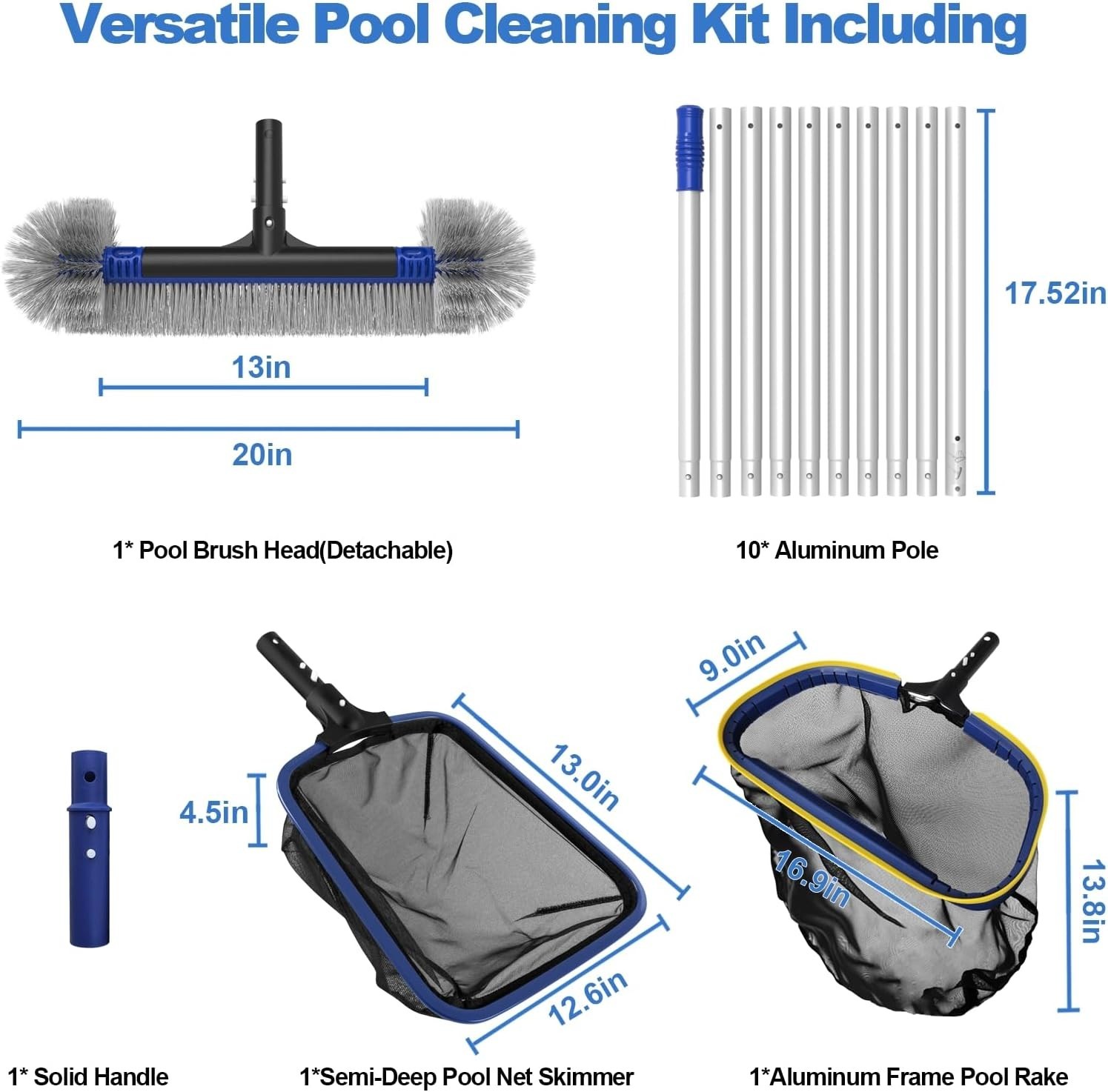 5-in-1 Pool Cleaning Kit – Includes Semi-Deep Skimmer Net, Aluminum Leaf Rake,