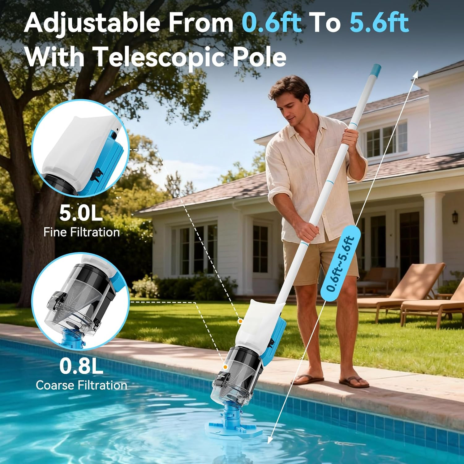 Cordless Pool Vacuum with 30 GPM Suction & Telescopic Pole – Blue