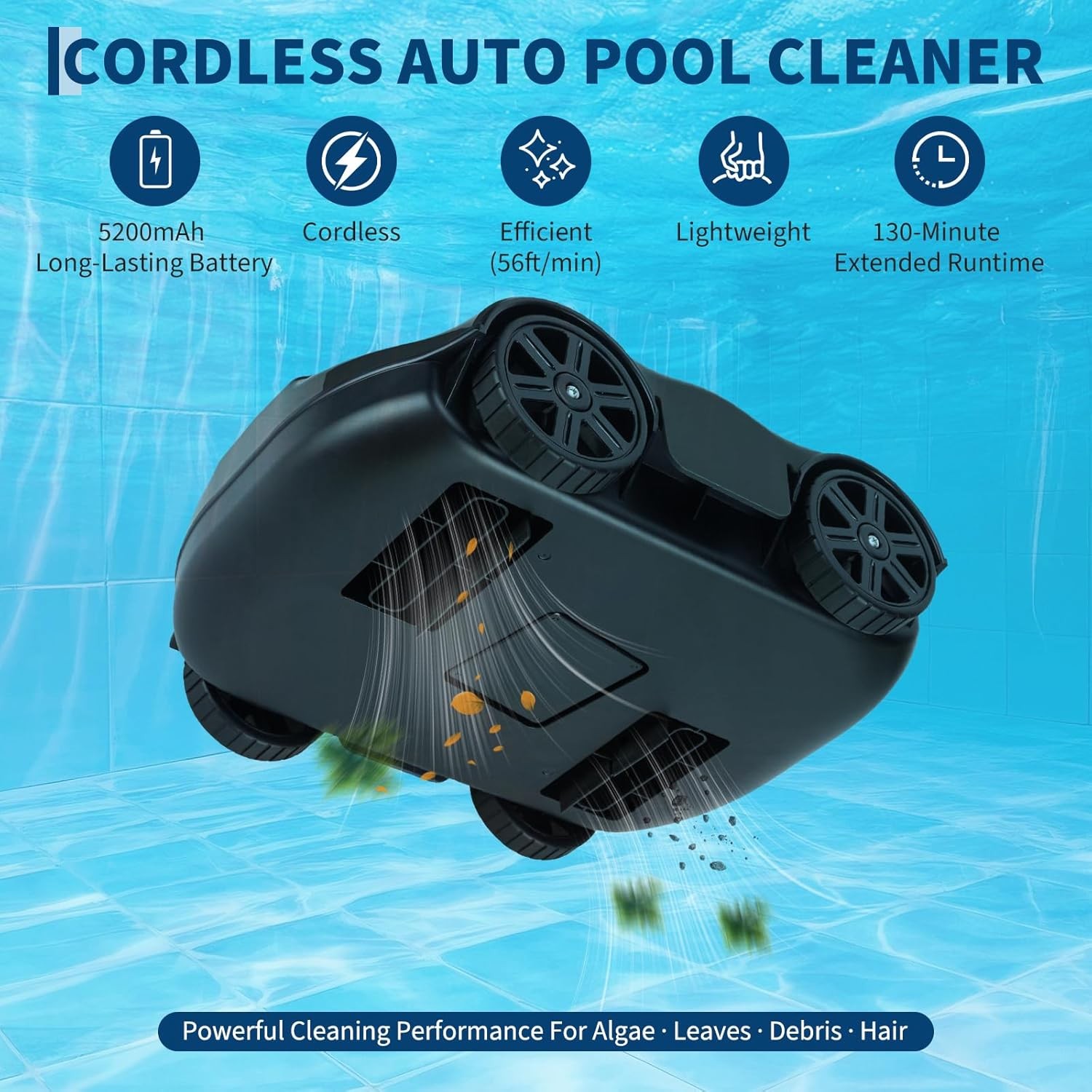 Wireless Battery Robotic Pool Suction Cleaner 130min Quick Drain Portable Black
