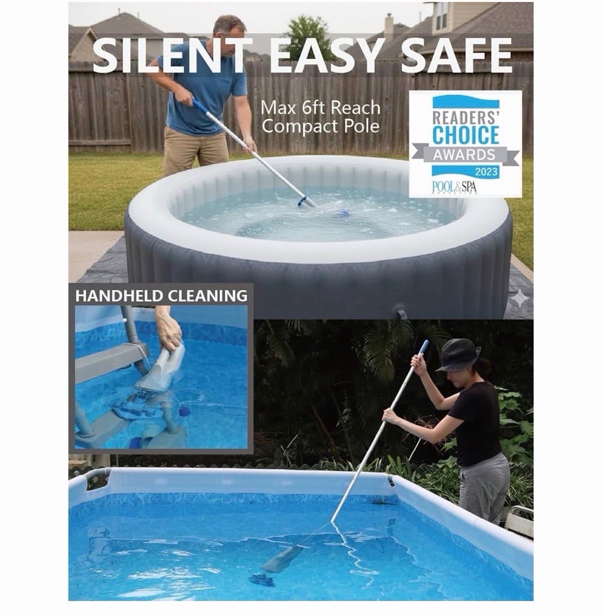 KOKIDO Cordless Handheld Pool Vacuum for Above Ground Pool, with 6ft Pole and 2