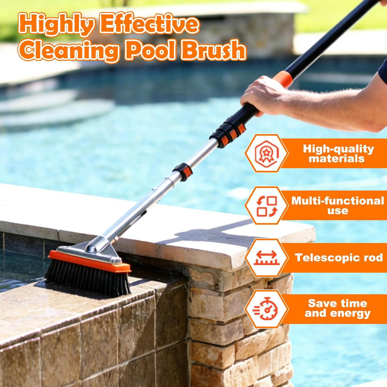 4-In-1 Pool Brush with Pole, Heavy Duty 18″ Pool Brush Head, 5″ Stainless Steel