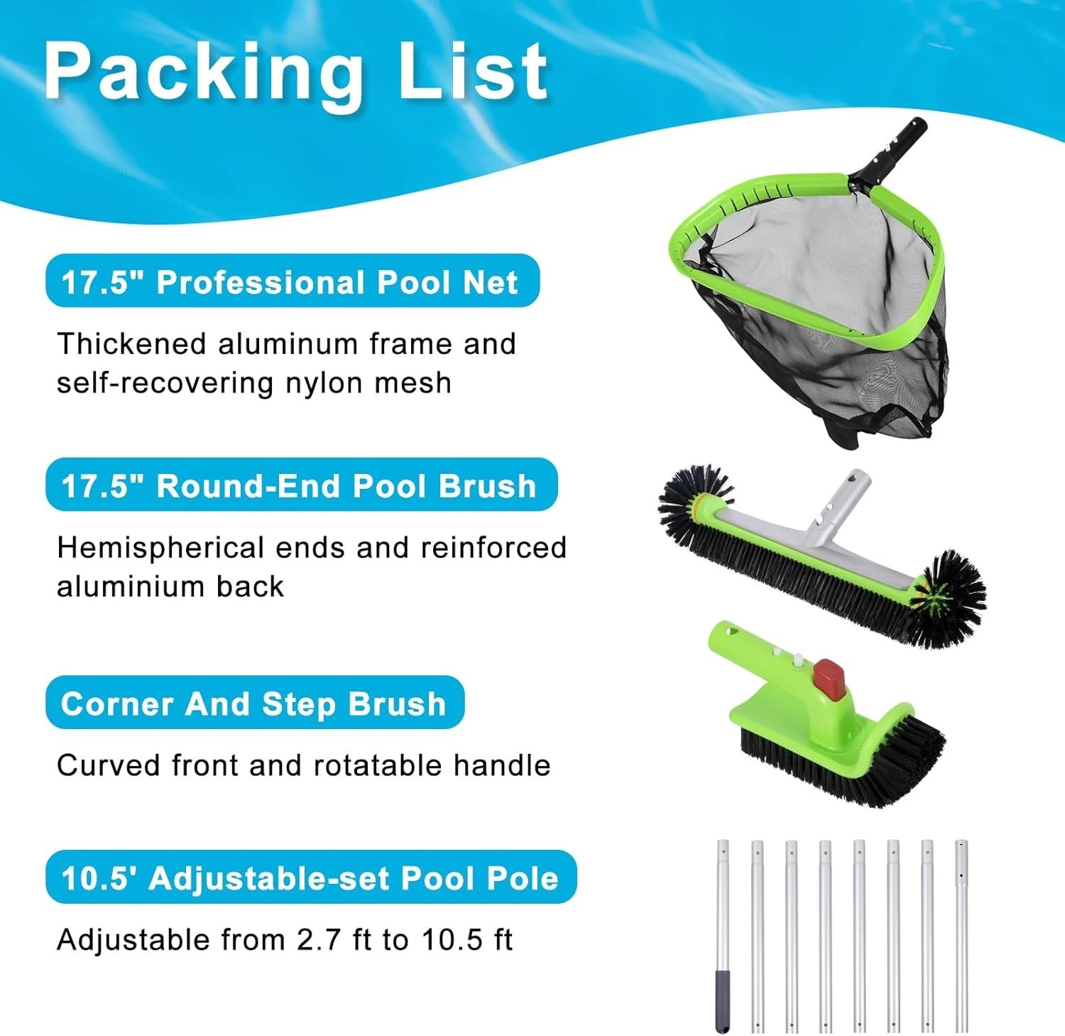 Sepetrel Deluxe Swimming Pool Cleaning Kit with 10.5″ Aluminum Pole,Professional