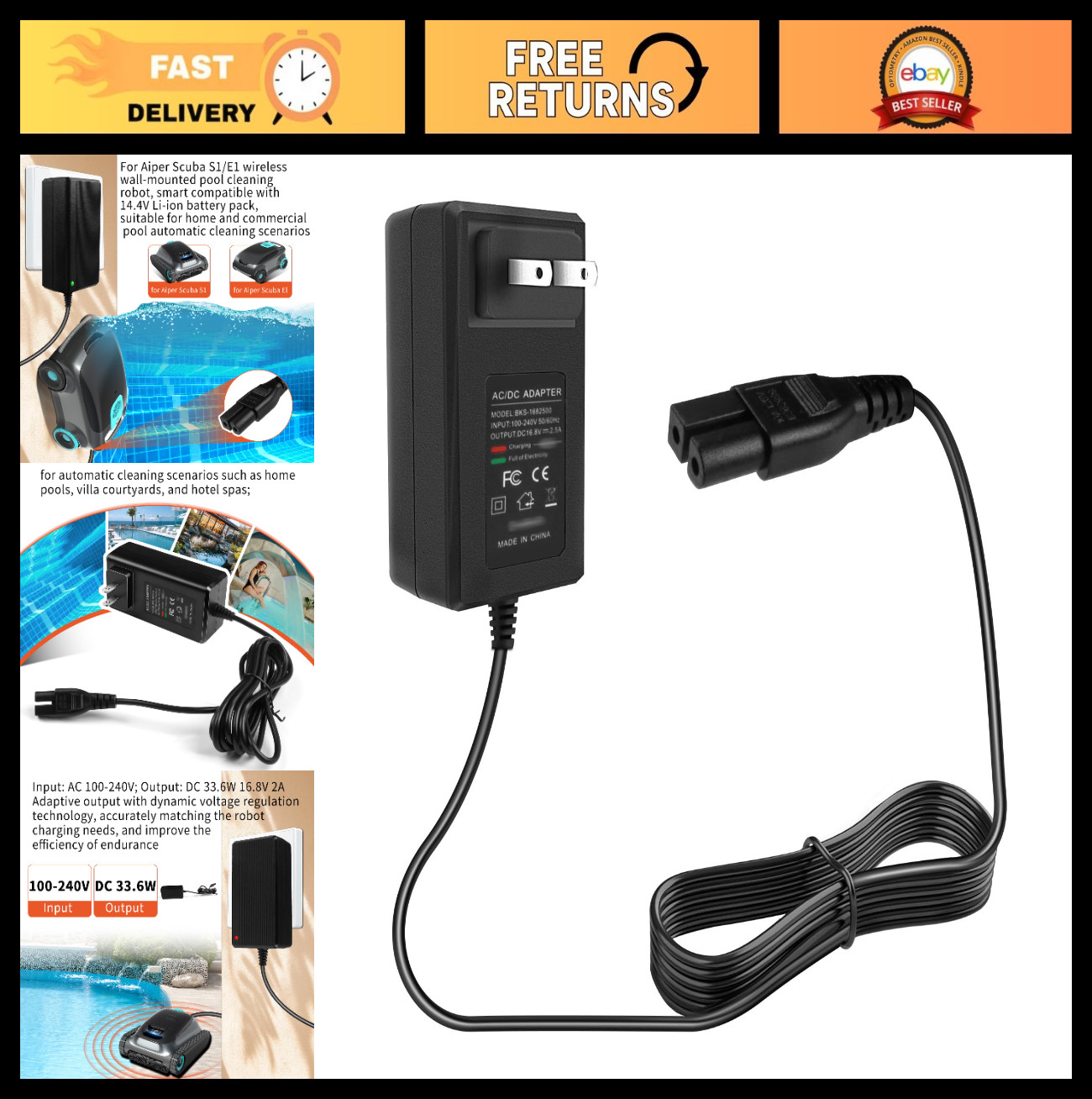 16.8V Power Charger for Cordless Pool Cleaning Robot – Fast Charging Adapter for
