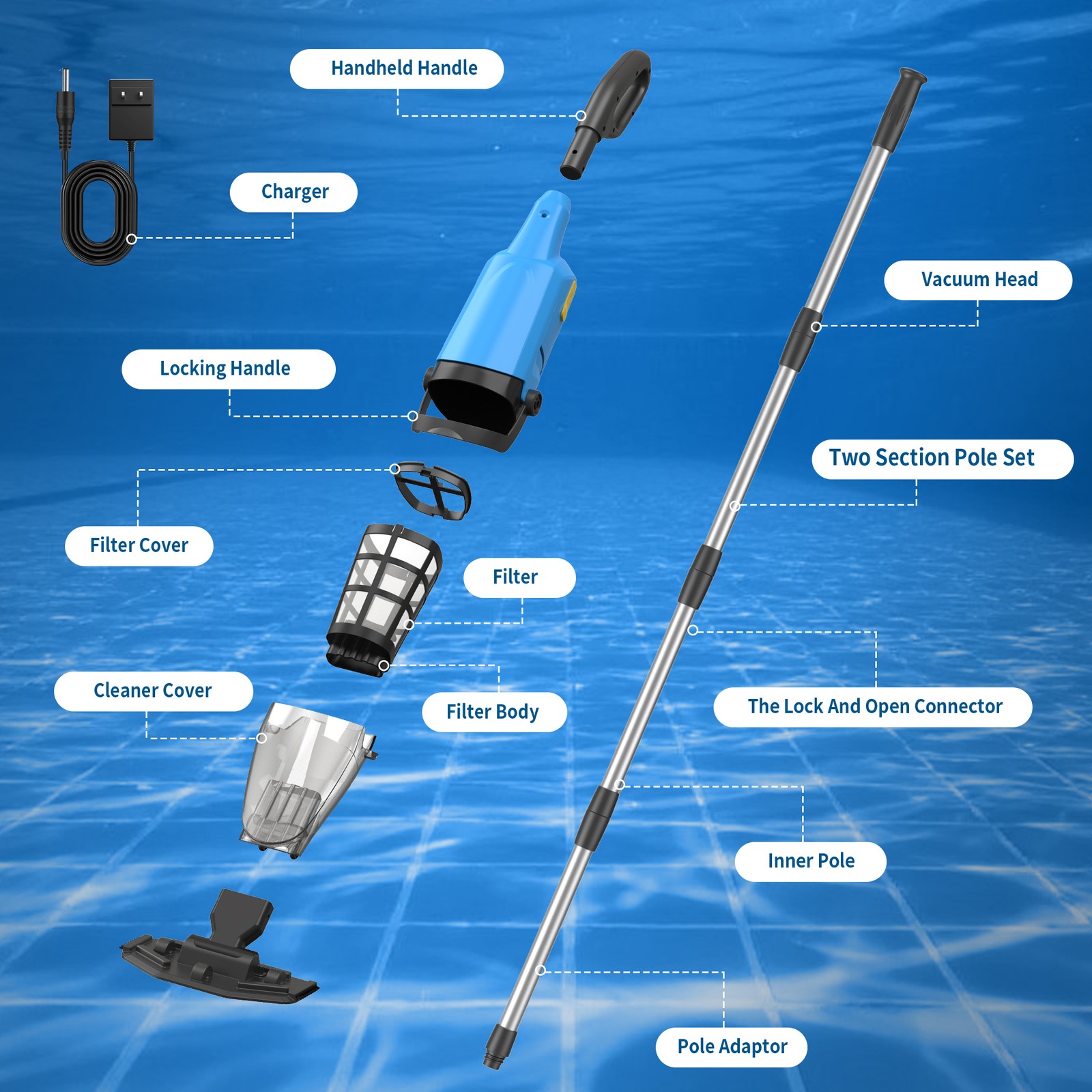 Handheld Cordless Pool Cleaner Rechargeable Pool Vacuum Powered 9000mAH Battery