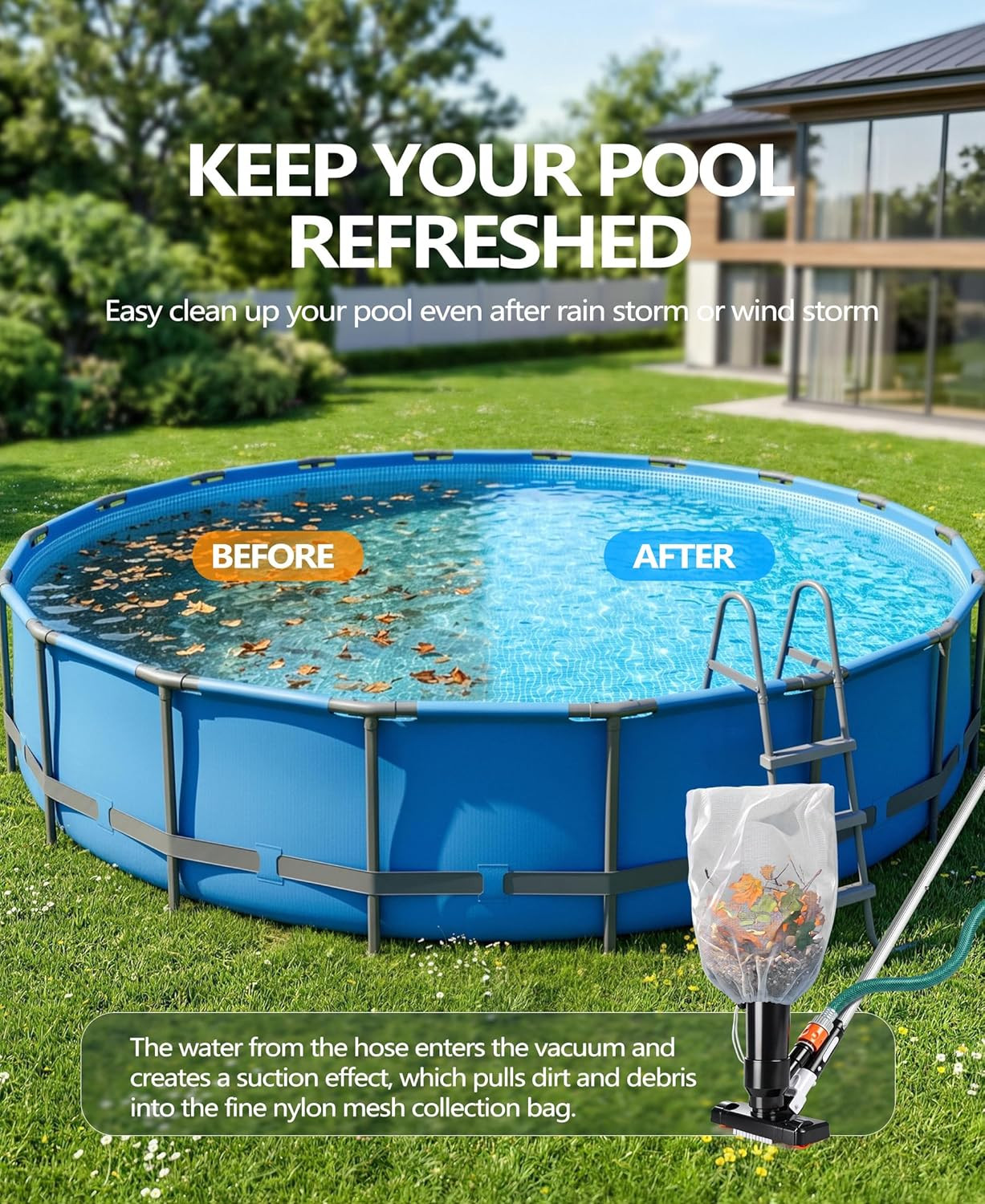 Handheld Pool Vacuum for above Ground Pool, Pool Floor Cleaner with Pole of 75″&
