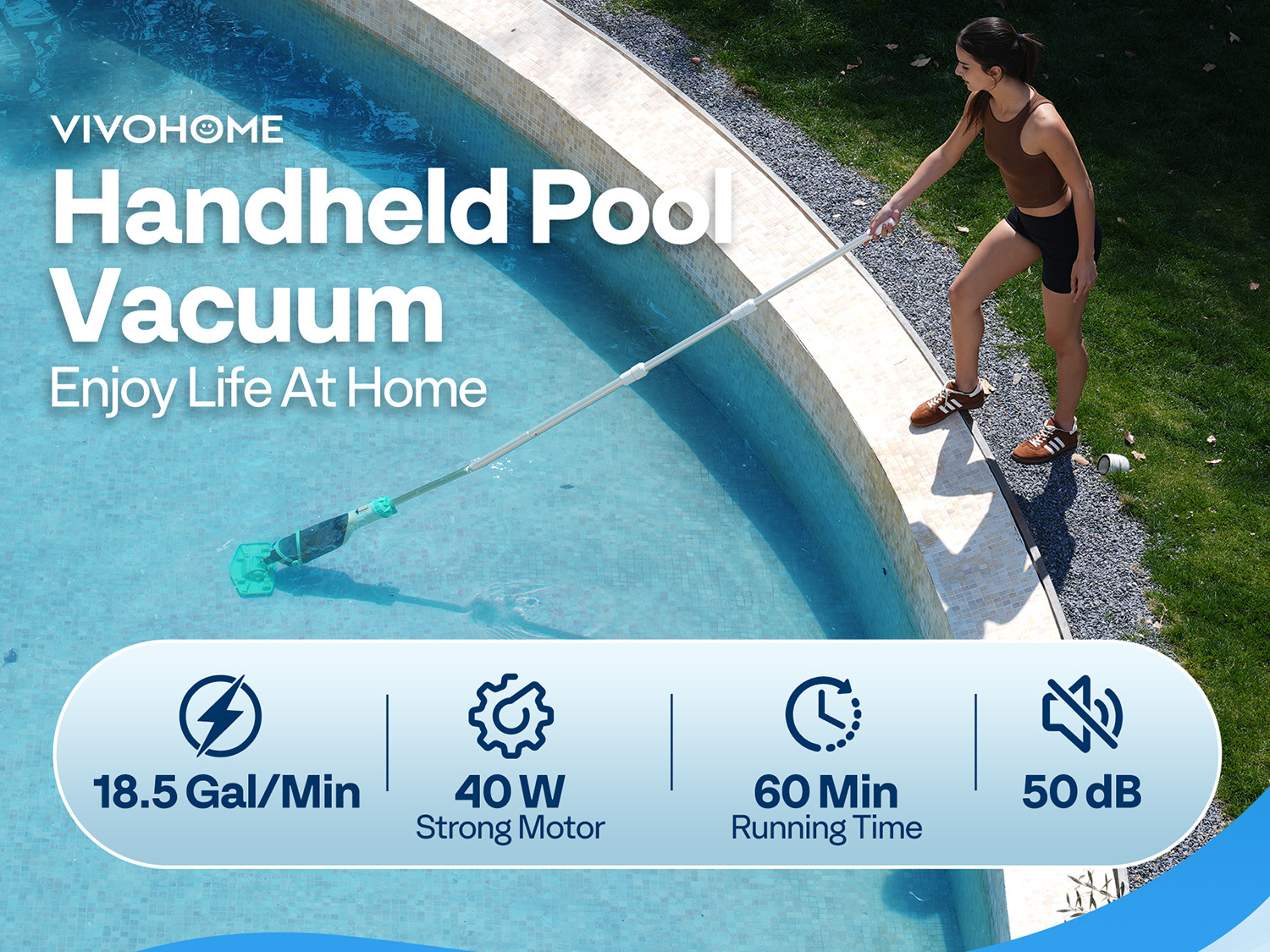 Cordless Rechargeable Pool Vacuum Handheld Cleaner w/ Telescopic Pole 60min IPX8
