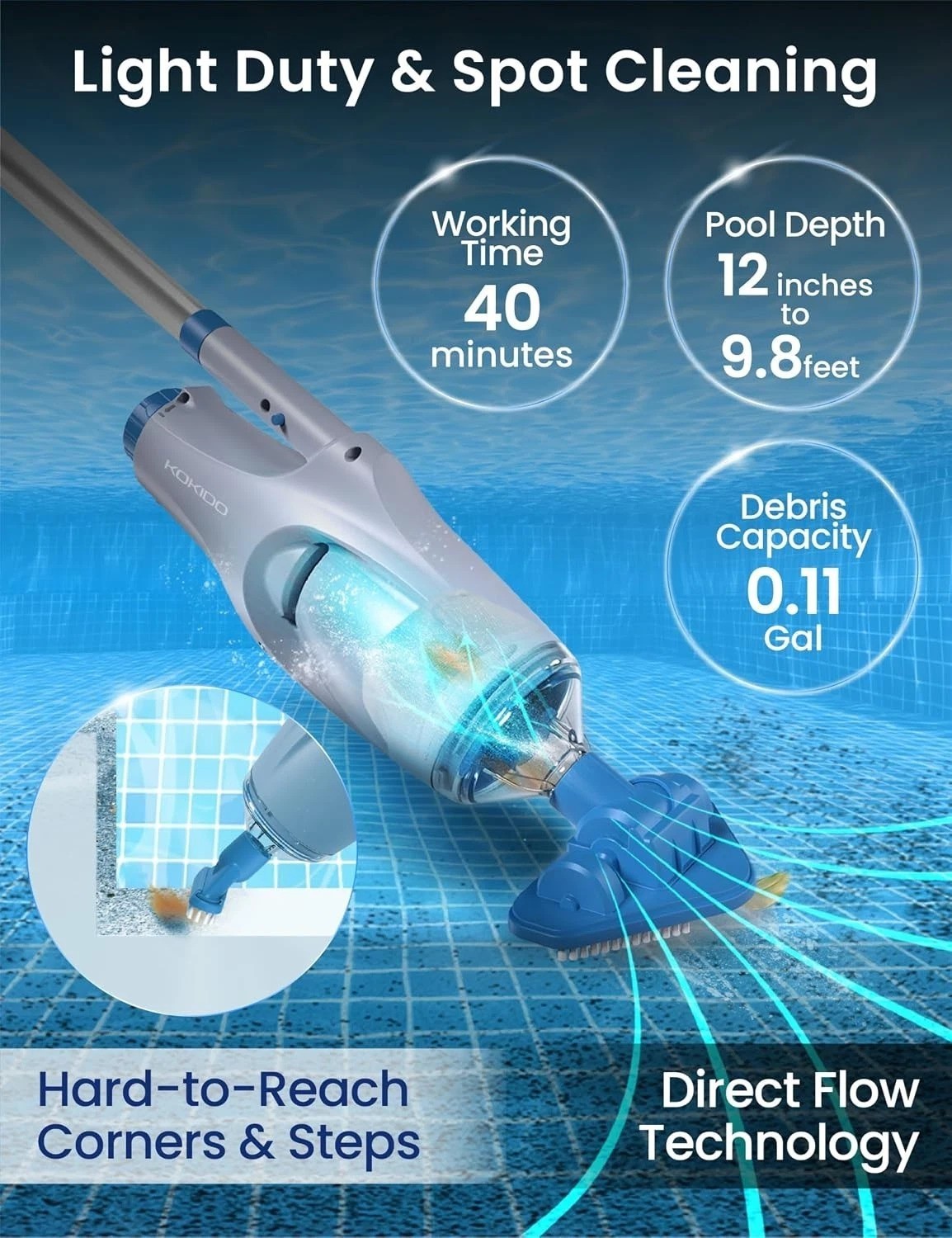 Above Ground Cordless Pool Vacuum with 60-Minute Runtime & Interchangeable Heads