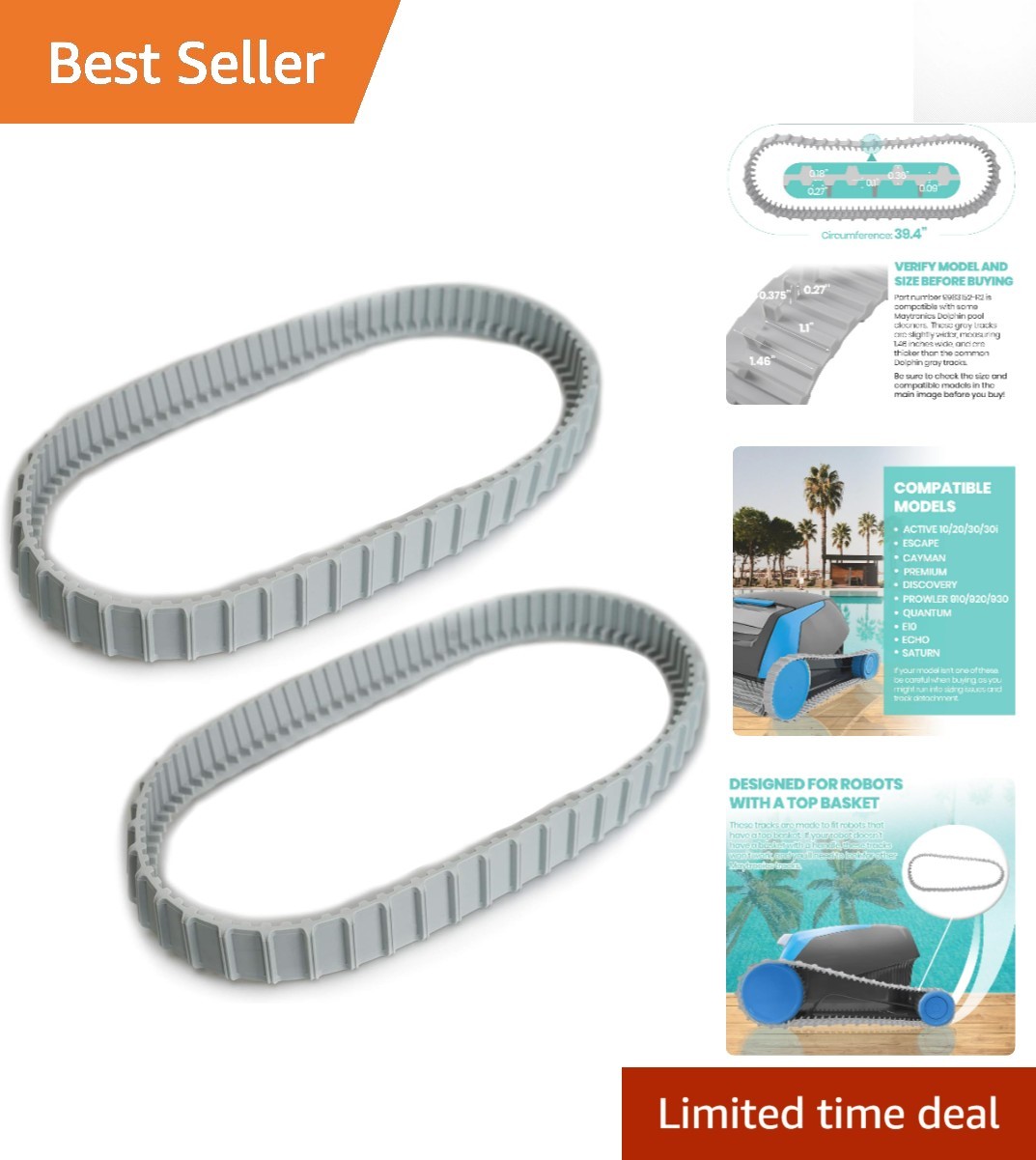 2-Pack Replacement Gray Tracks 9983152-R2 for Maytronics Dolphin Cleaners
