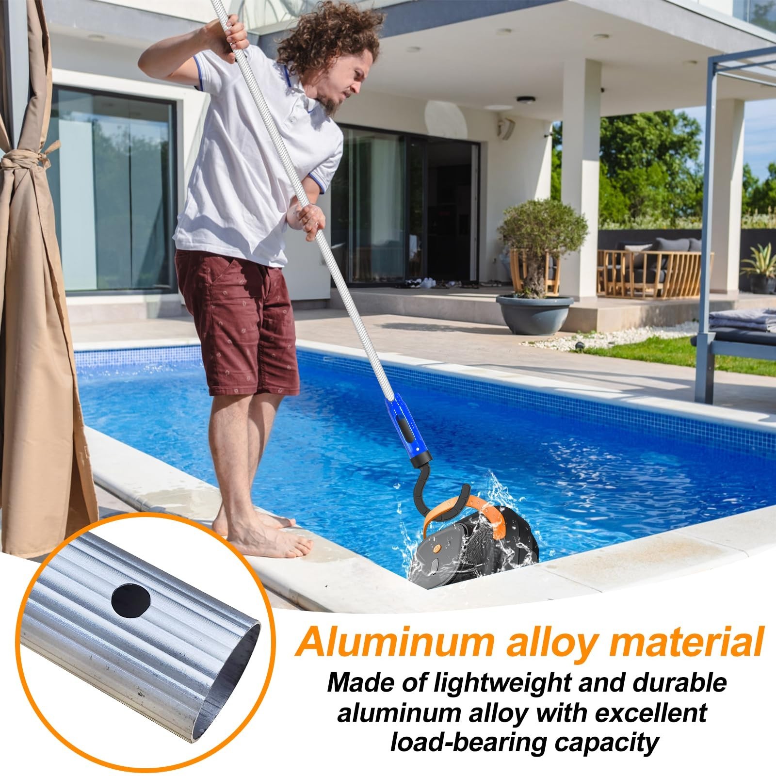 Adjustable Pool Cleaning Pole with 2 Hooks – 5.2ft for Robotic Cleaners, Skimmer