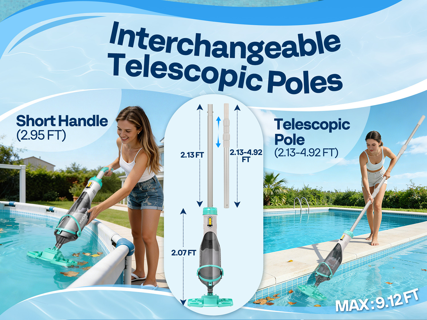 Cordless Rechargeable Pool Vacuum Handheld Cleaner w/ Telescopic Pole 60min IPX8