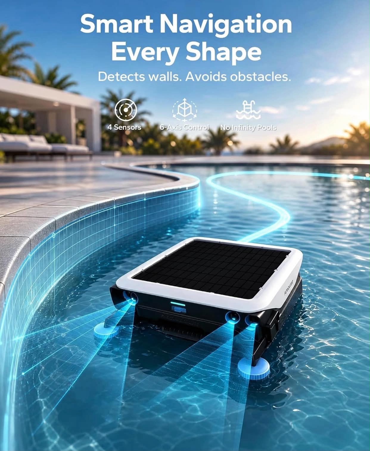 POOLHACKER Solar Elite Robotic Pool Cleaner, Solar Powered, 5.9L, 72H, Waterline