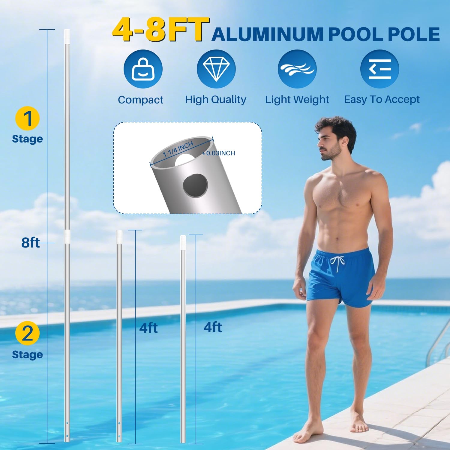 Pool Pole Telescopic, 8FT Aluminum Lightweigh Swimming Pool Pole, Adjustable …