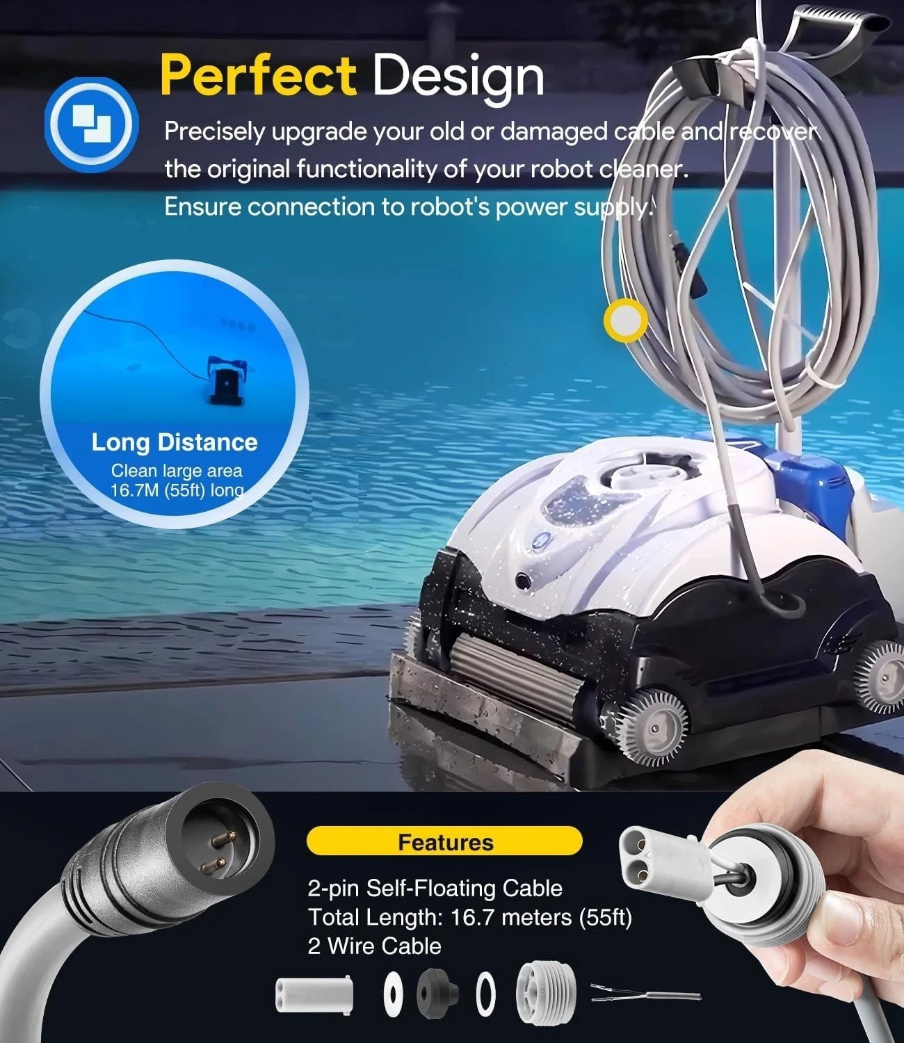Floating Power Cord Assembly Replacement for Hayward Tigershark QC Robotic Cl…